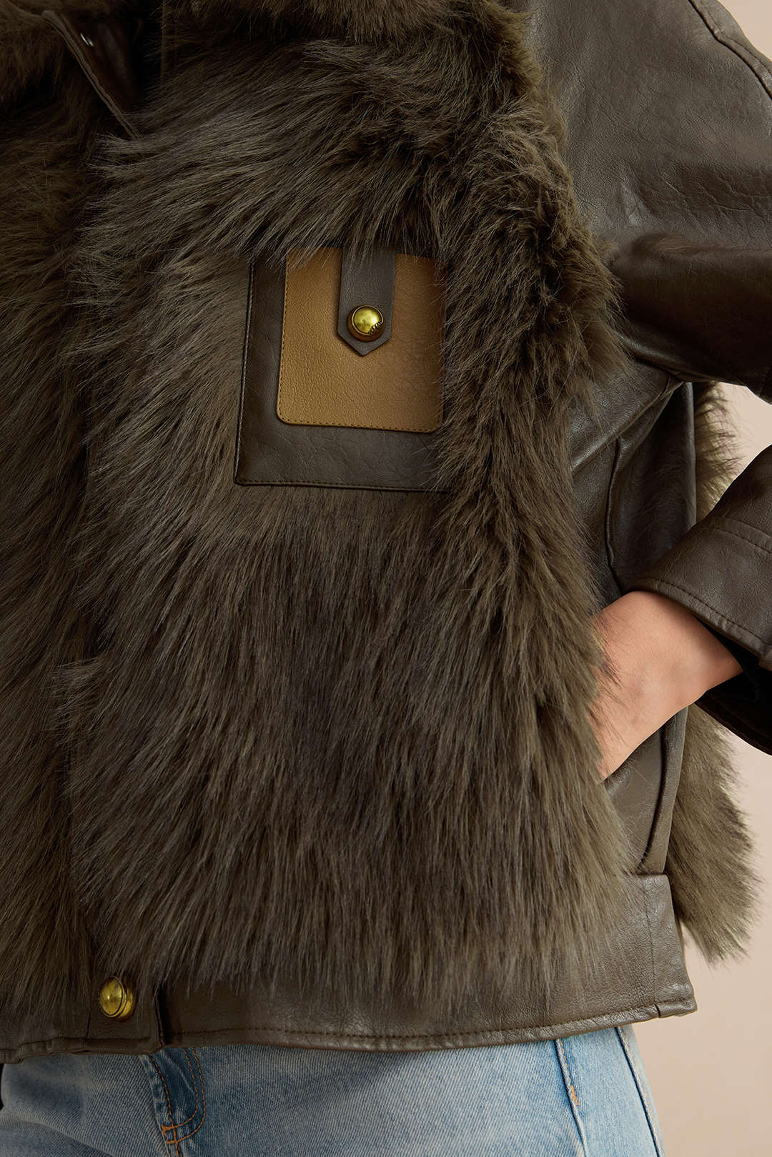 Faux Leather Fur Button Patchwork Coat