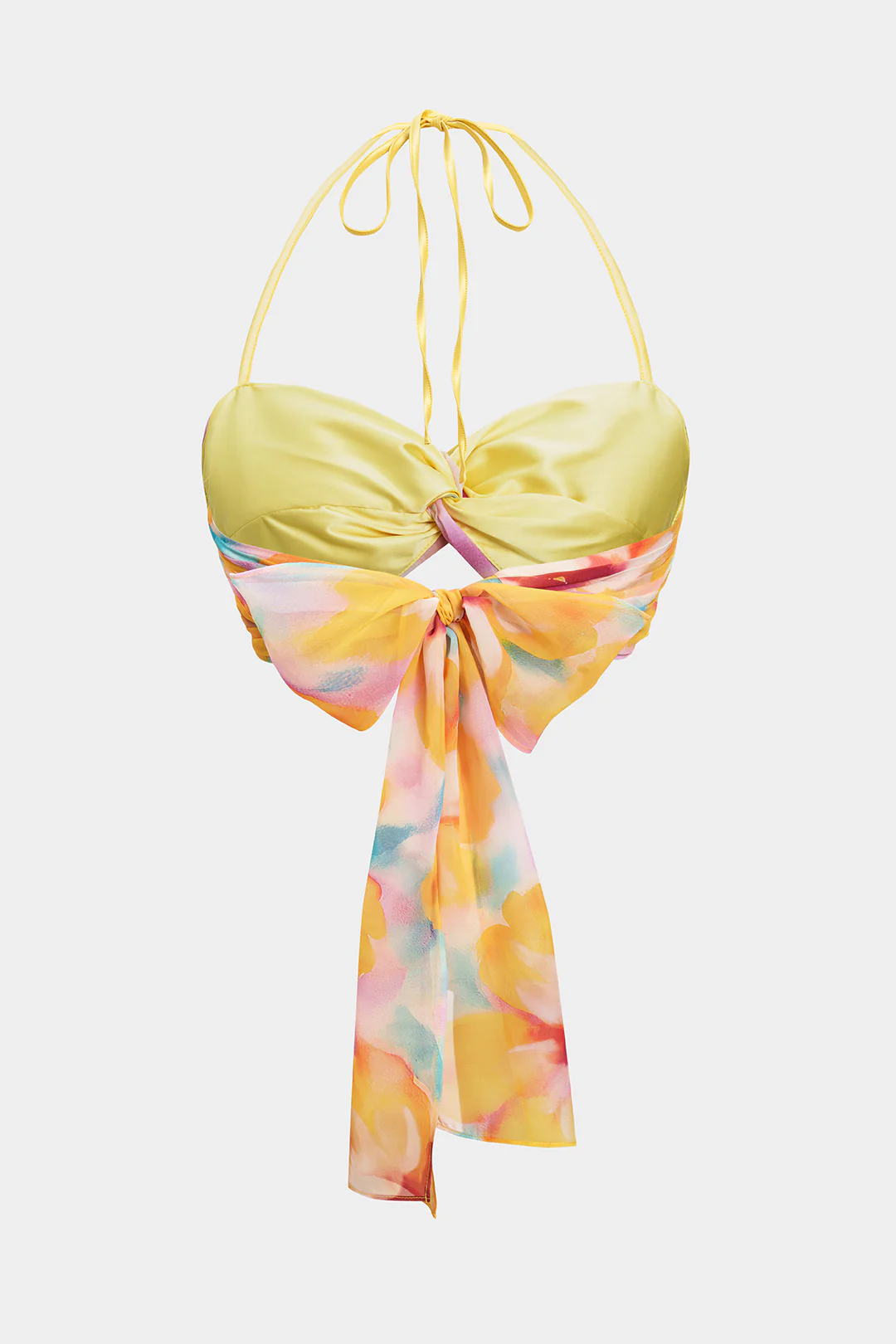 Ombre Print Chiffon Satin Pleated Halter Neck Tie-Up Cami Top