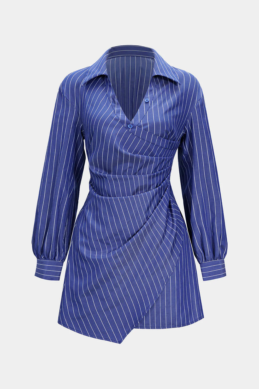 Stripes Print Button Ruched Smocked Long Sleeve Mini Dress