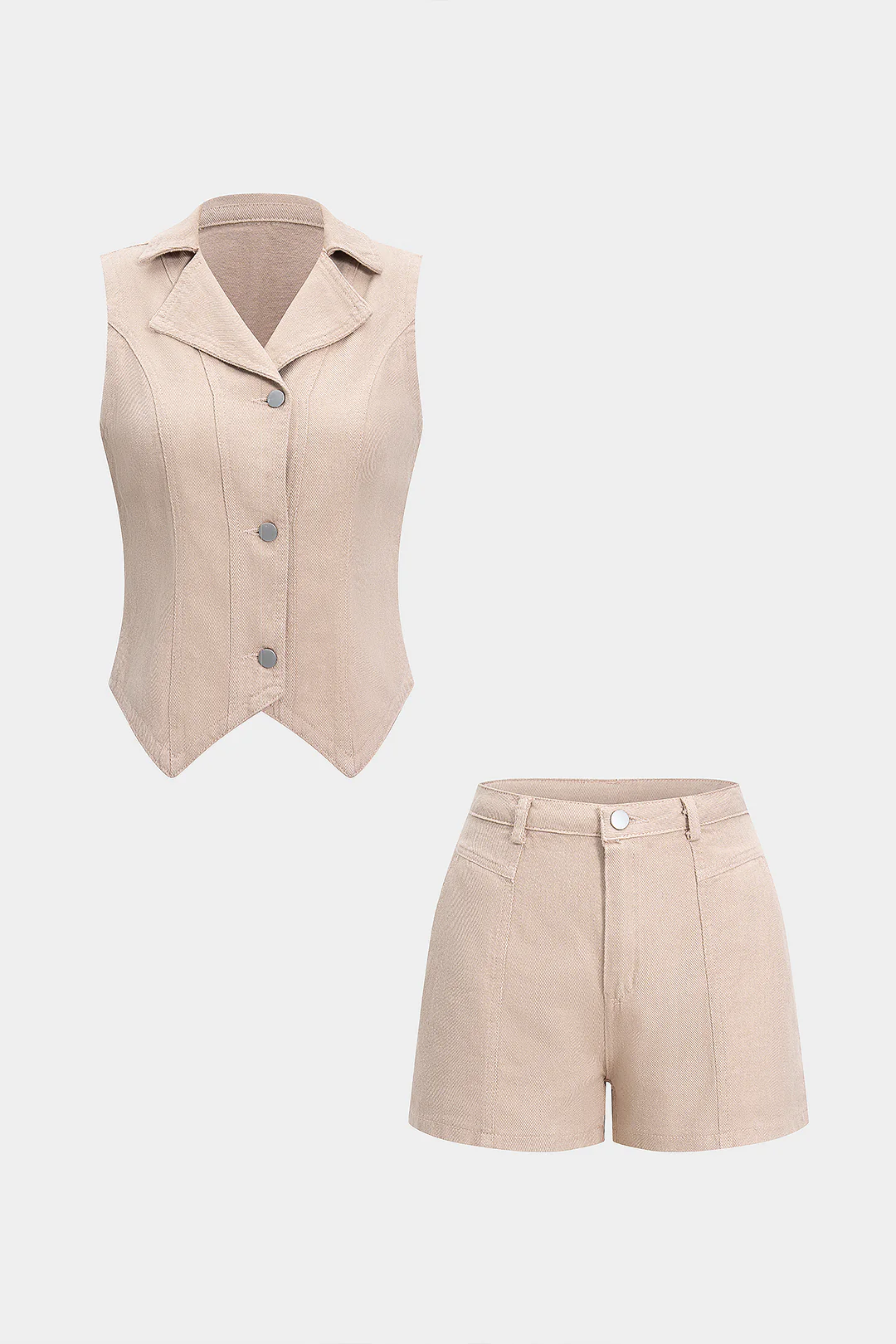 Denim Solid Button Vest And Shorts Set