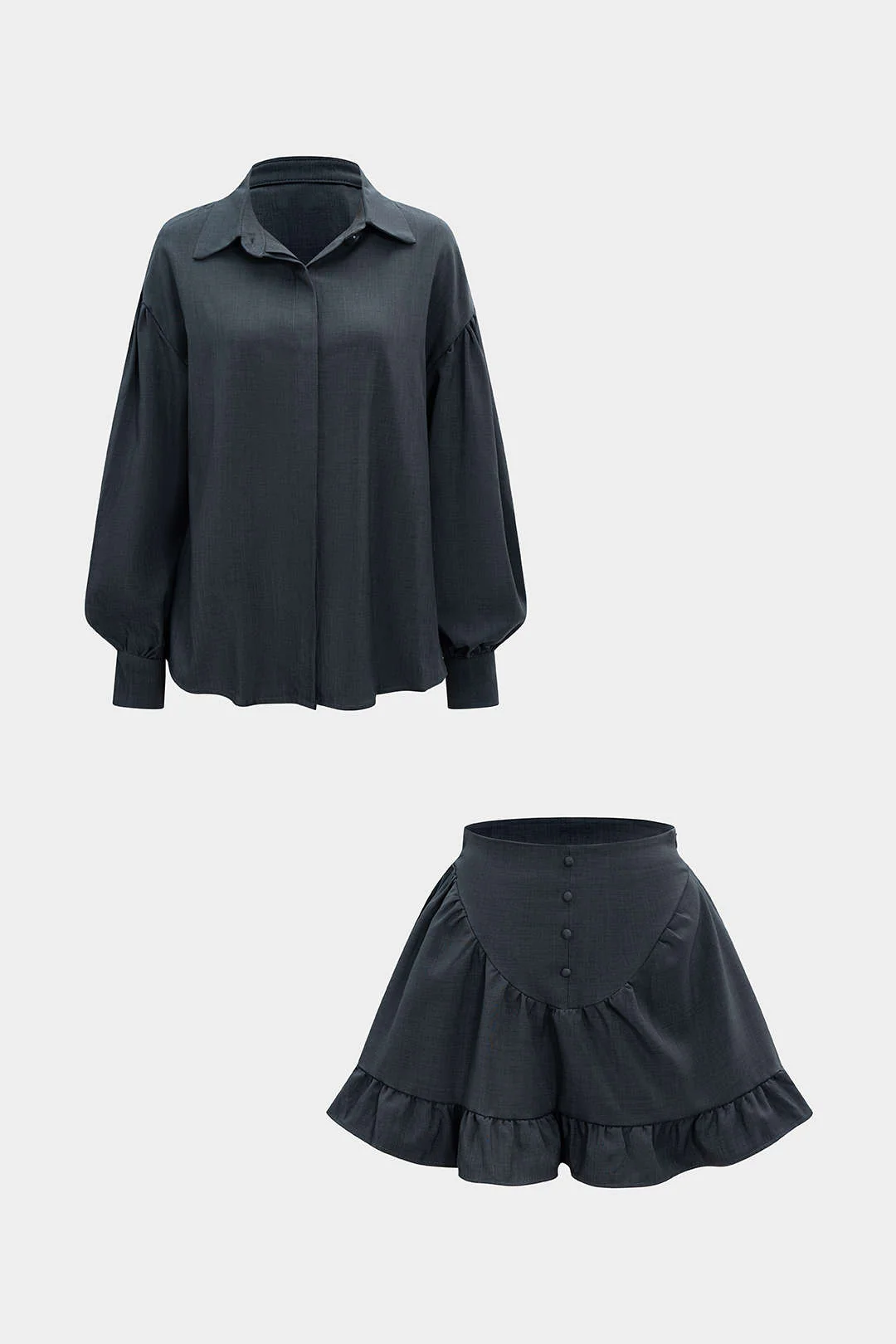 Ruched Button Long-Sleeve Top And Ruffle Mini Skirt Set