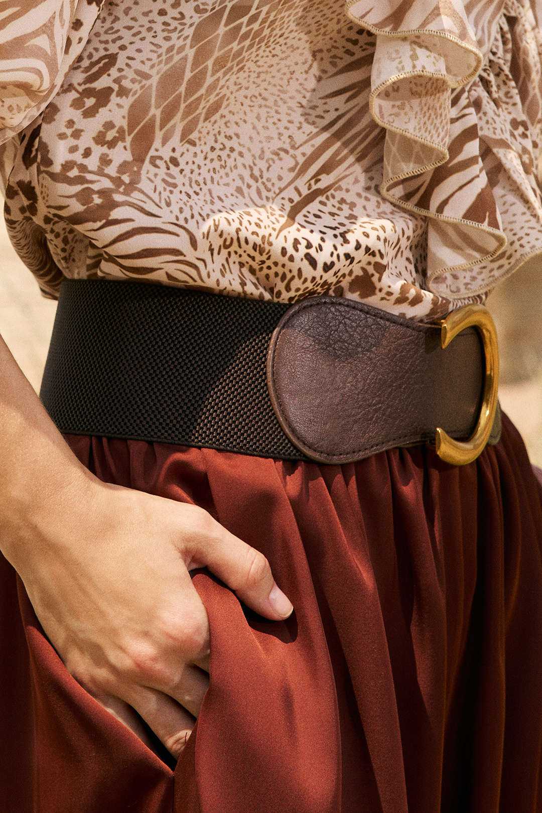 Faux Leather Patchwork Wide Metallic Buckle Belt