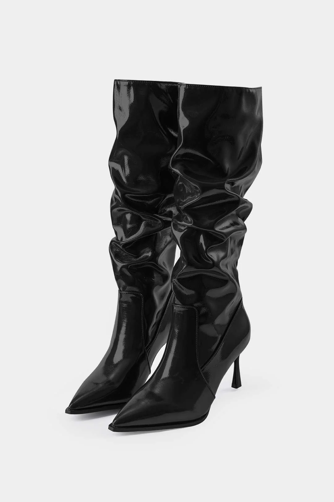 Faux Leather Ruched Pointed Toe Knee-High Boots