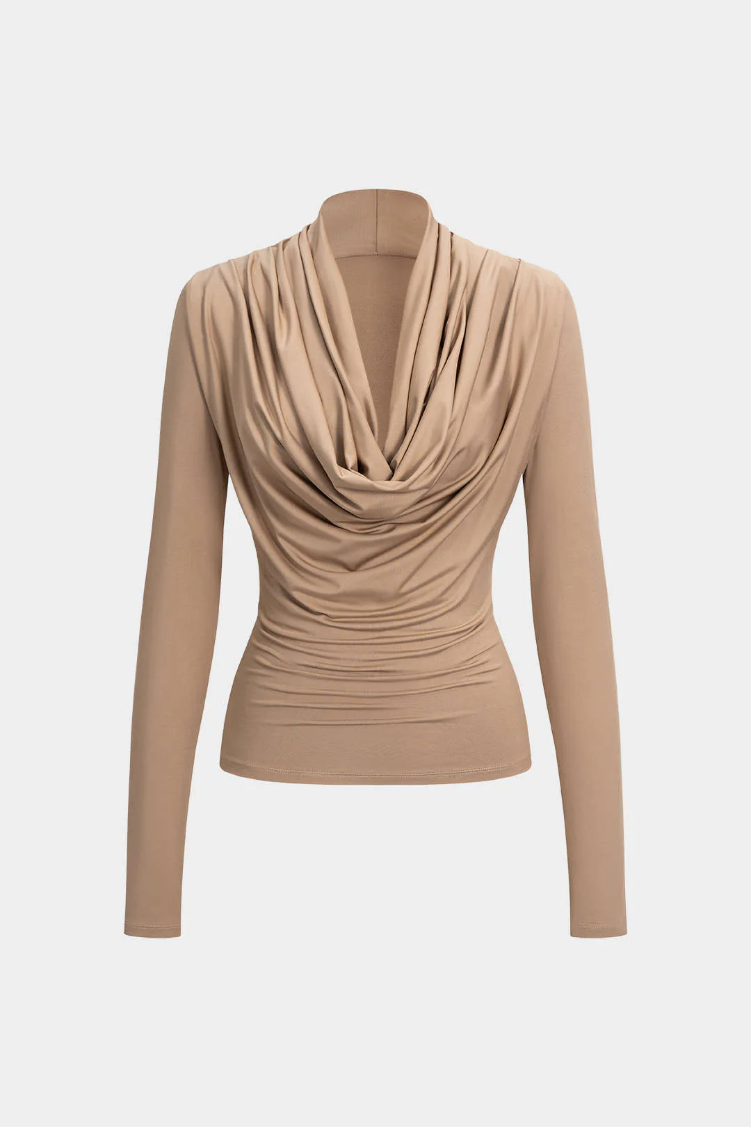 Ruched Draped Cowl Neck Long-Sleeve Top