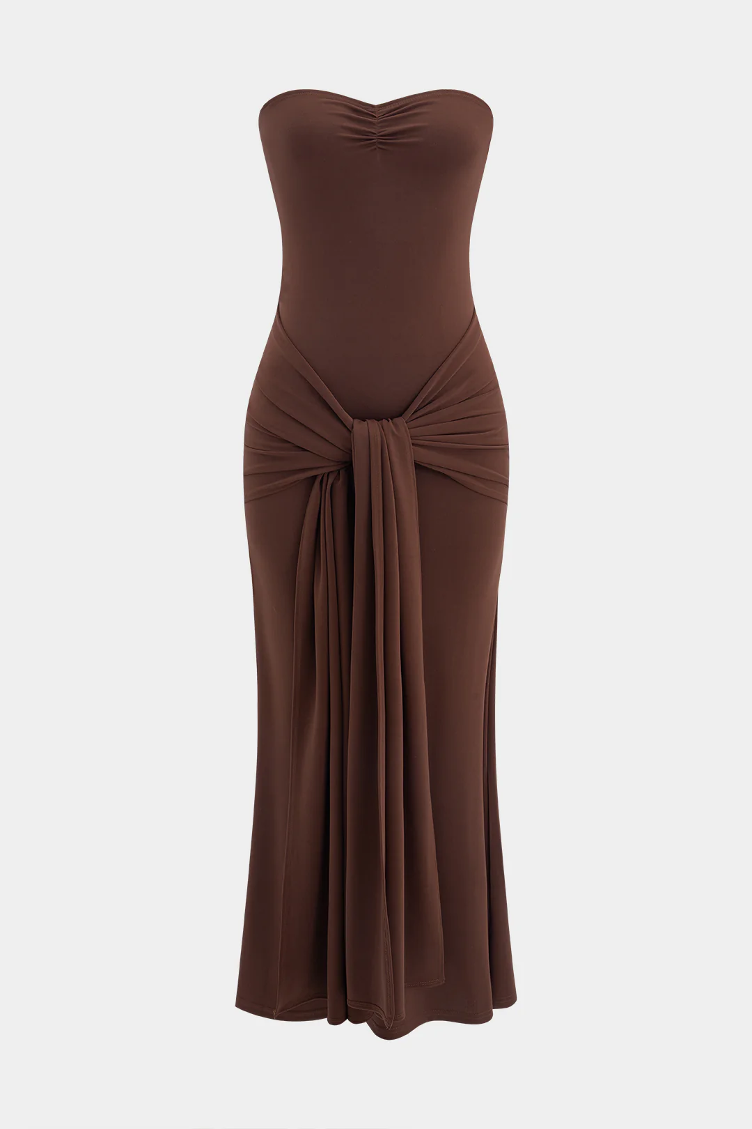 Strapless Sleeveless Ruched Tie Front Maxi Dress With Scarf