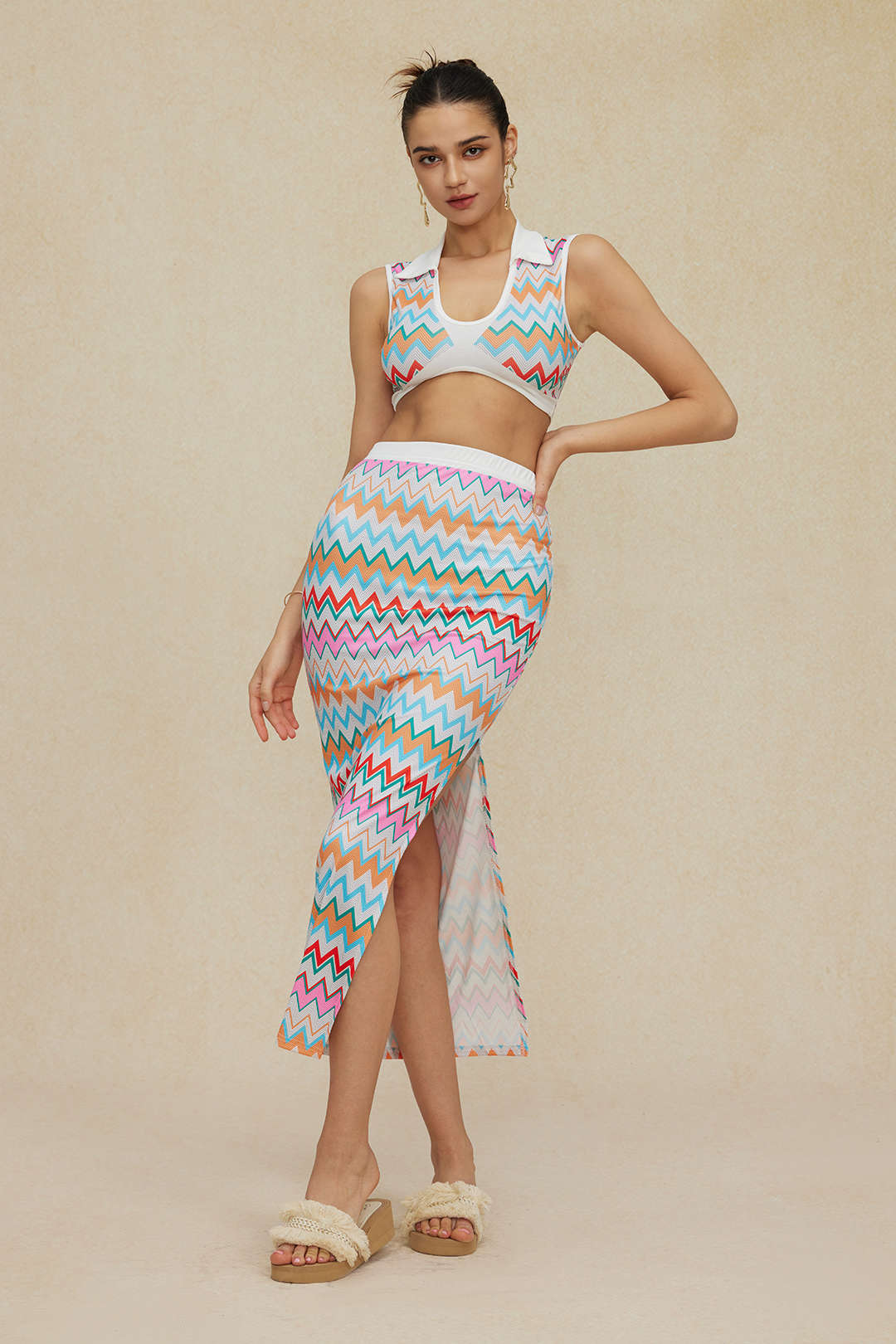 Contrasting V-neck Cropped Knit Tank Top and Split Maxi Skirt Set