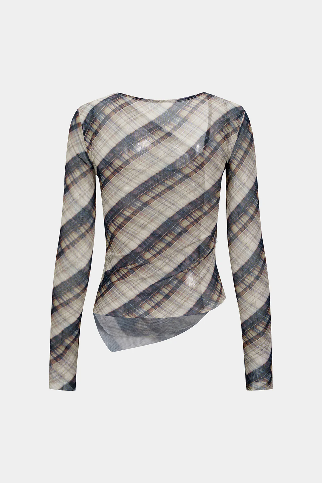 Plaid Print Mesh Ruched Long-Sleeve Top