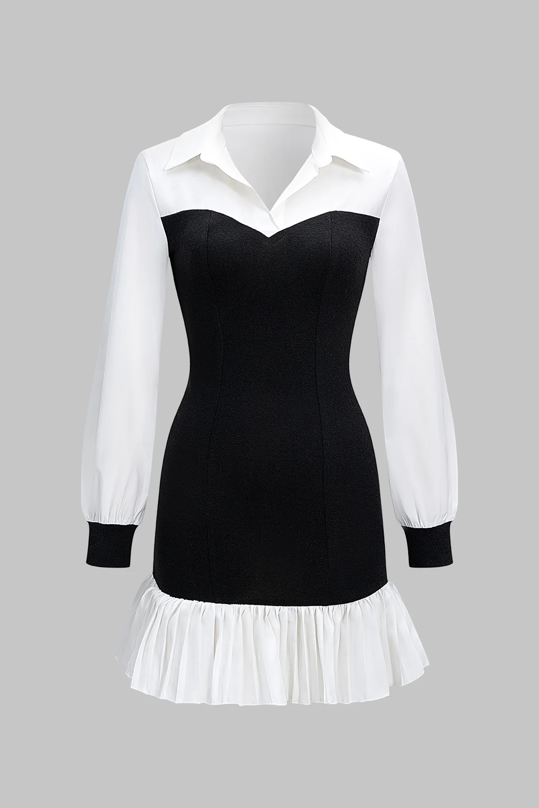 Patchwork Pleated Long Sleeve Mini Dress