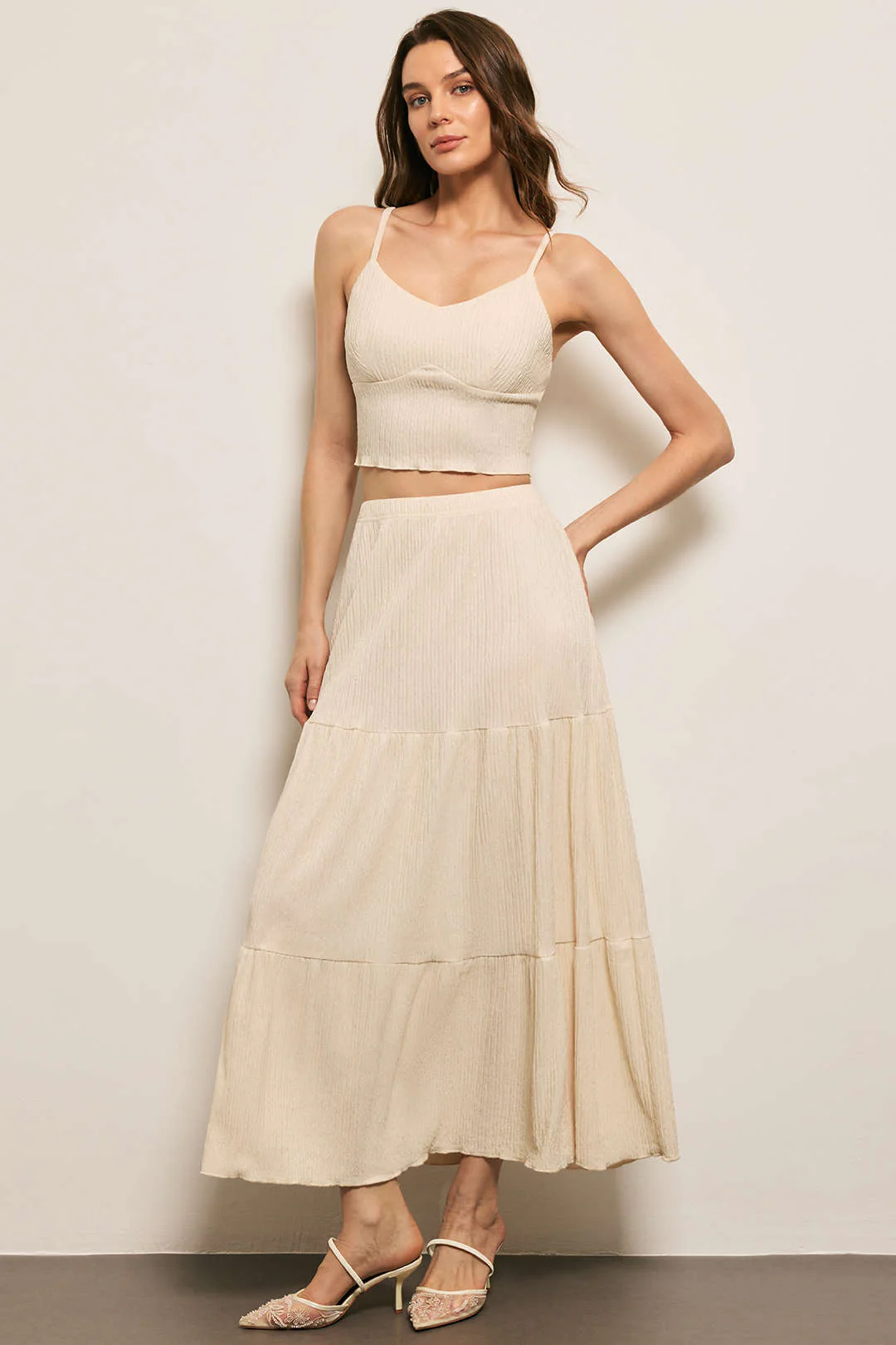 Solid Ruched Cami Top And Skirt Set