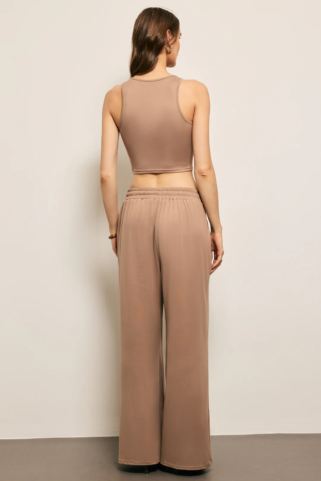 Soid Basic Tank Top And Long Cardigan And Drawstring Wide Leg Trousers Set