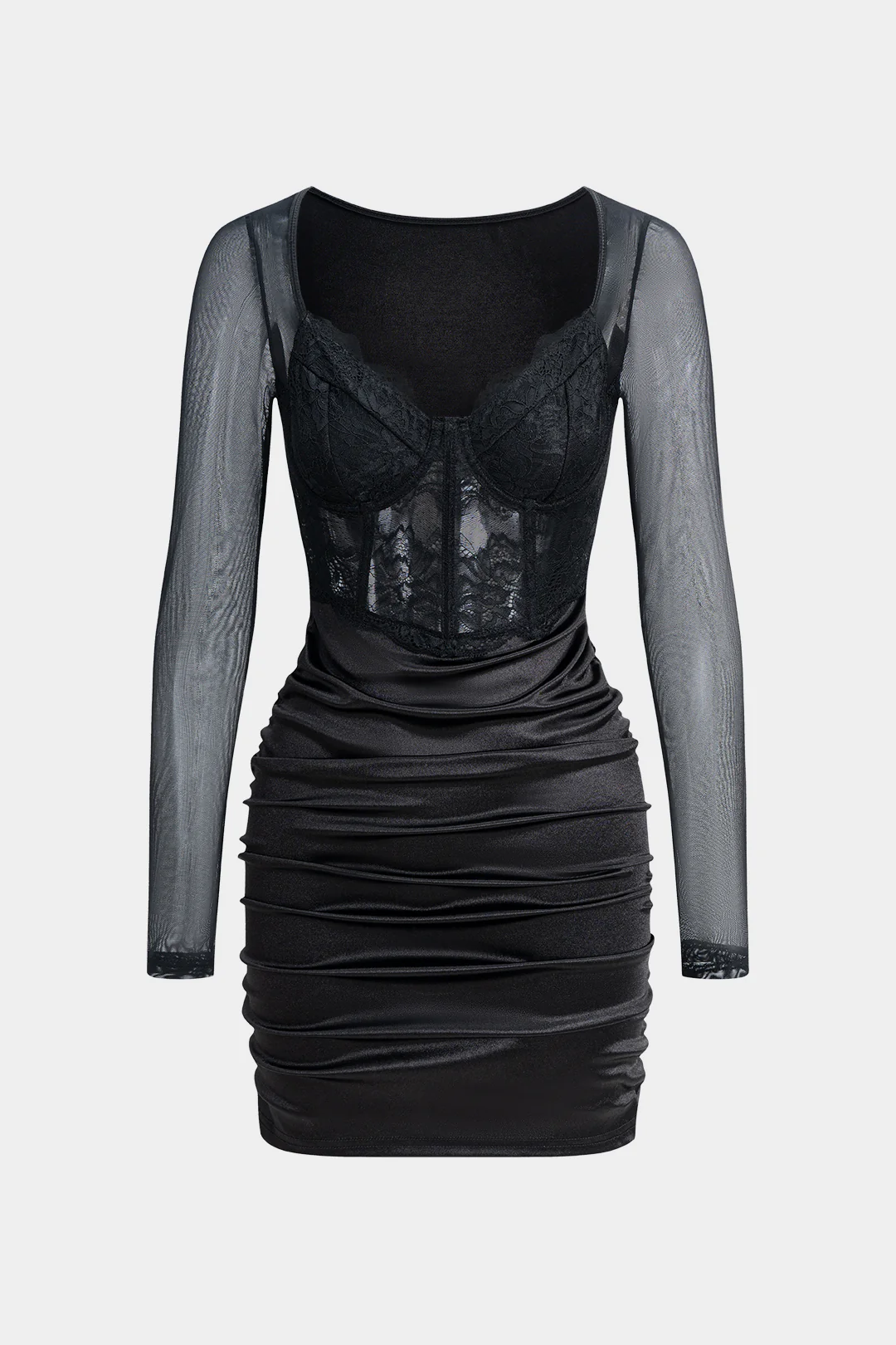 Mesh Patchwork Ruched Corset Long Sleeve Mini Dress