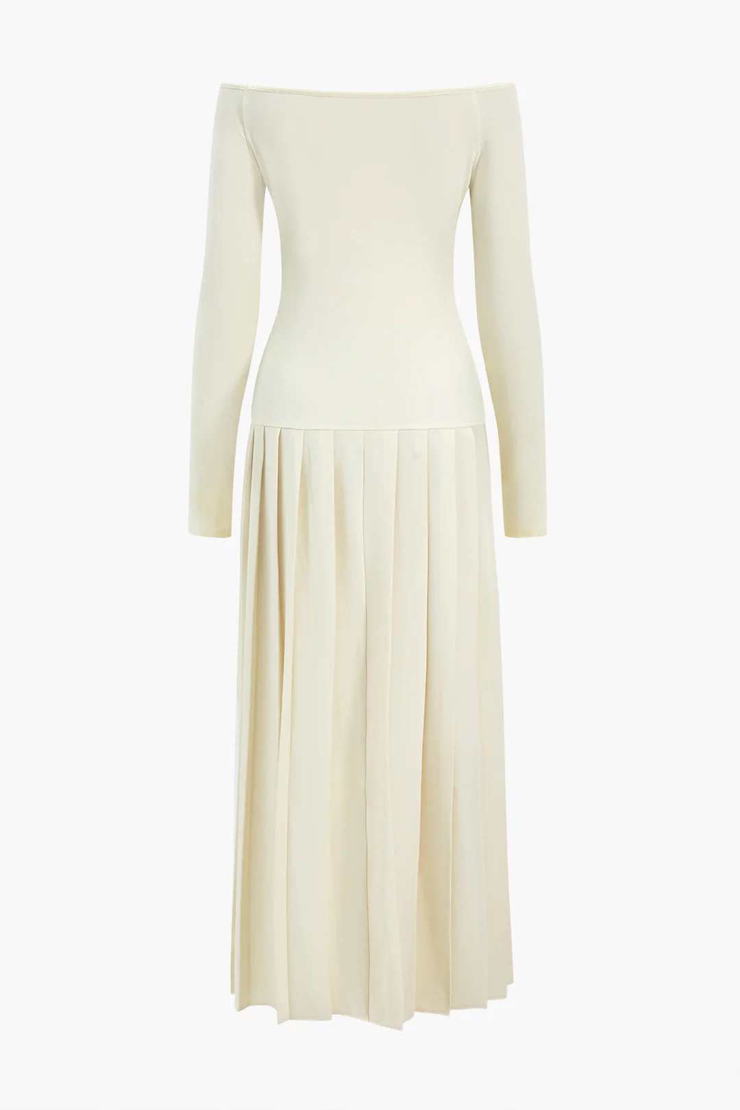 Pleated Off-the-Shoulder Patchwork Side-Slit Long-Sleeve Maxi Dress