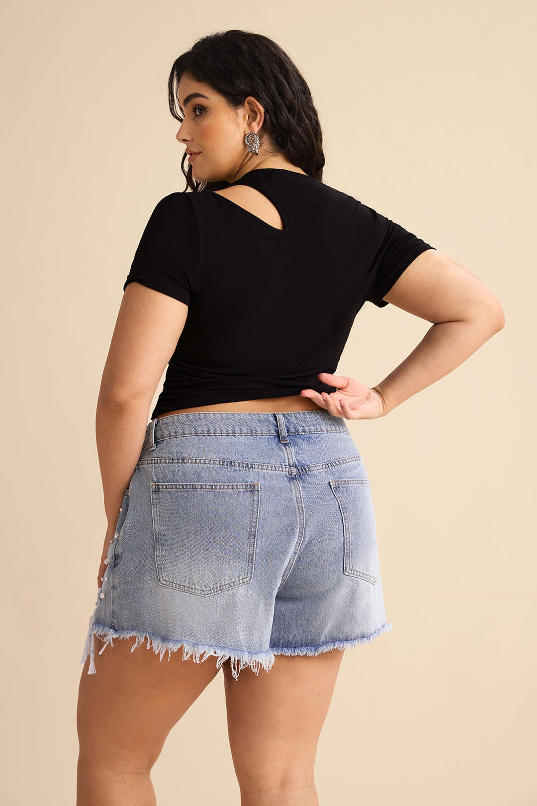 Plus Size High Waist Beaded Denim Shorts