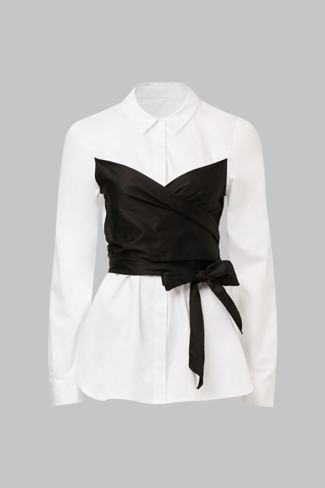 Faux Leather Patchwork Tie-Back Long-Sleeve Shirt