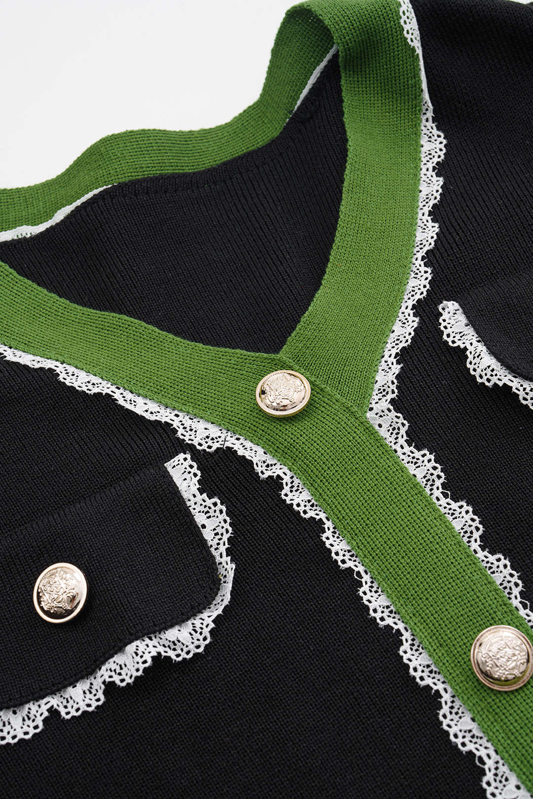 Knit V-Neck Buttoned Lace-Trimmed Short-Sleeve Slit Dress