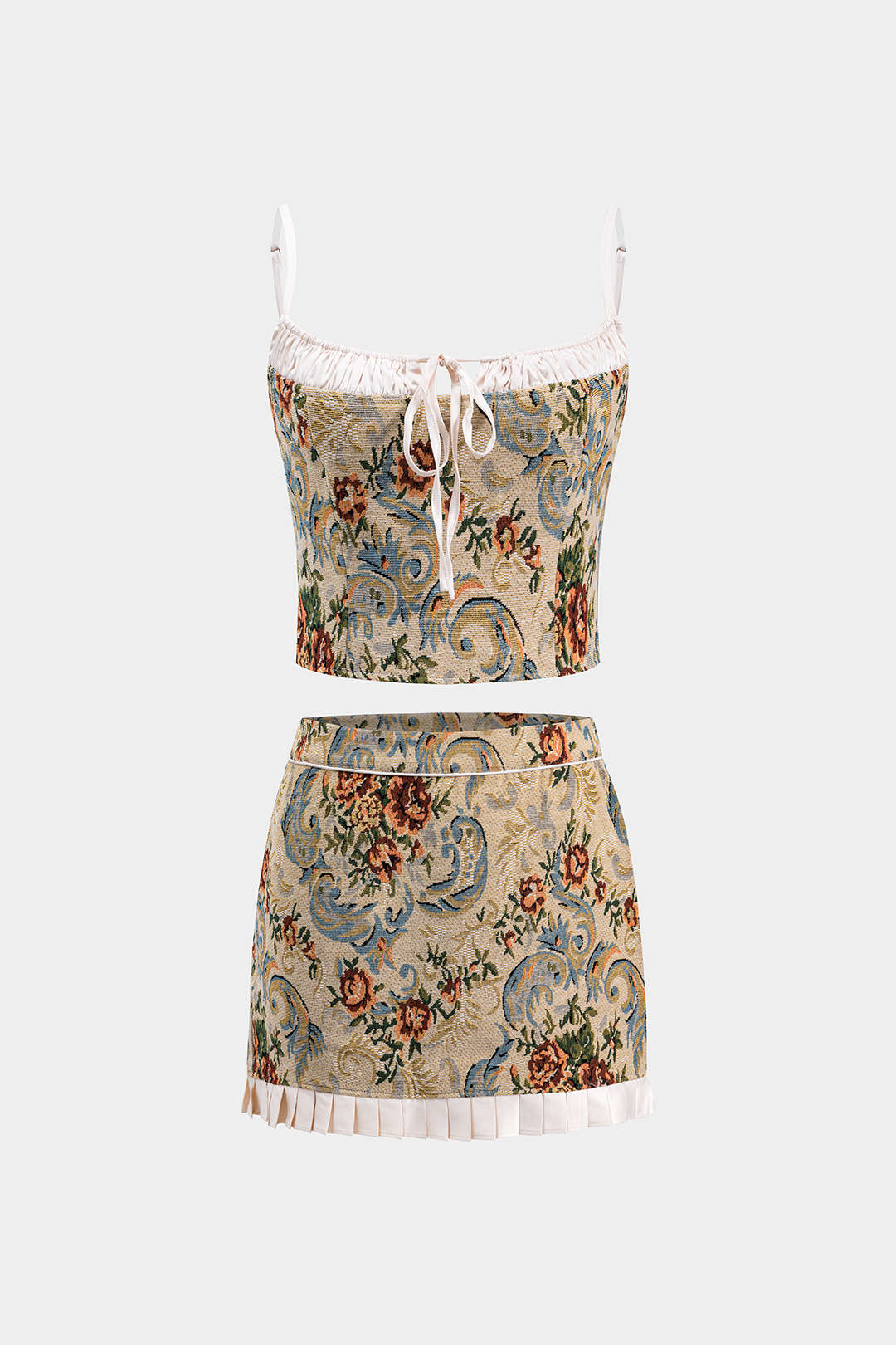 Satin Jacquard Ruched Patchwork Tie-Front Zipper Slip Top and Skirt Set