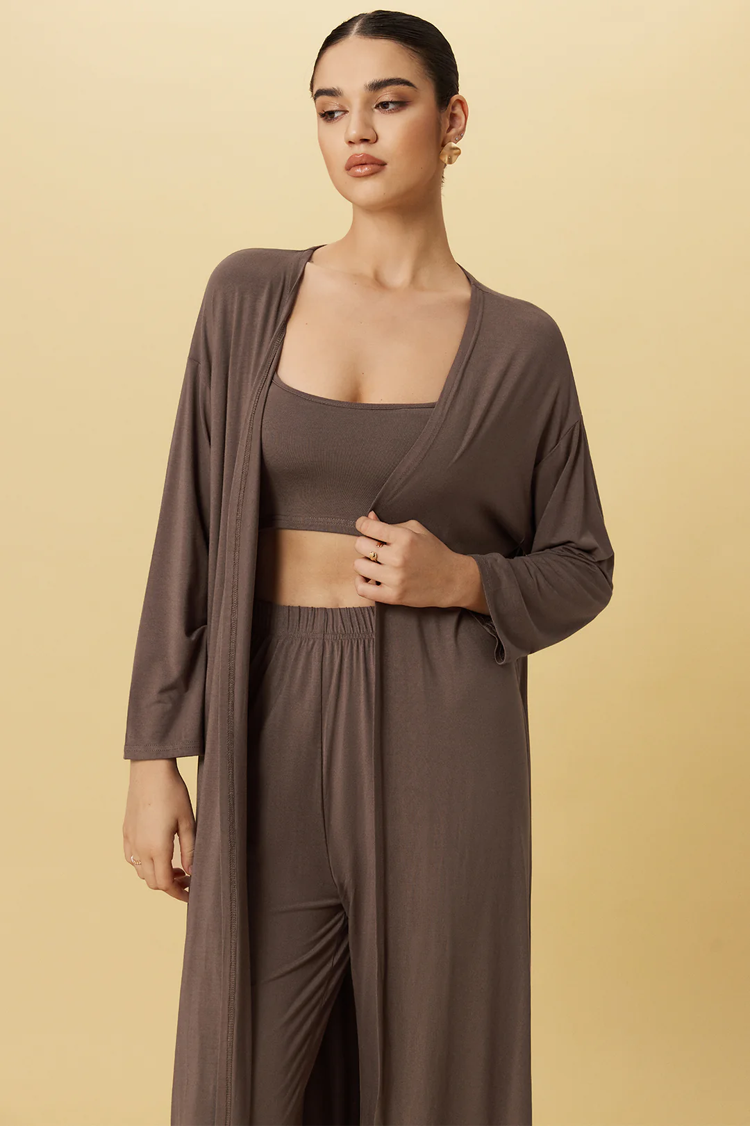 Basic Solid Cami Top And Long-Sleeve Cardigan And Trousers Set