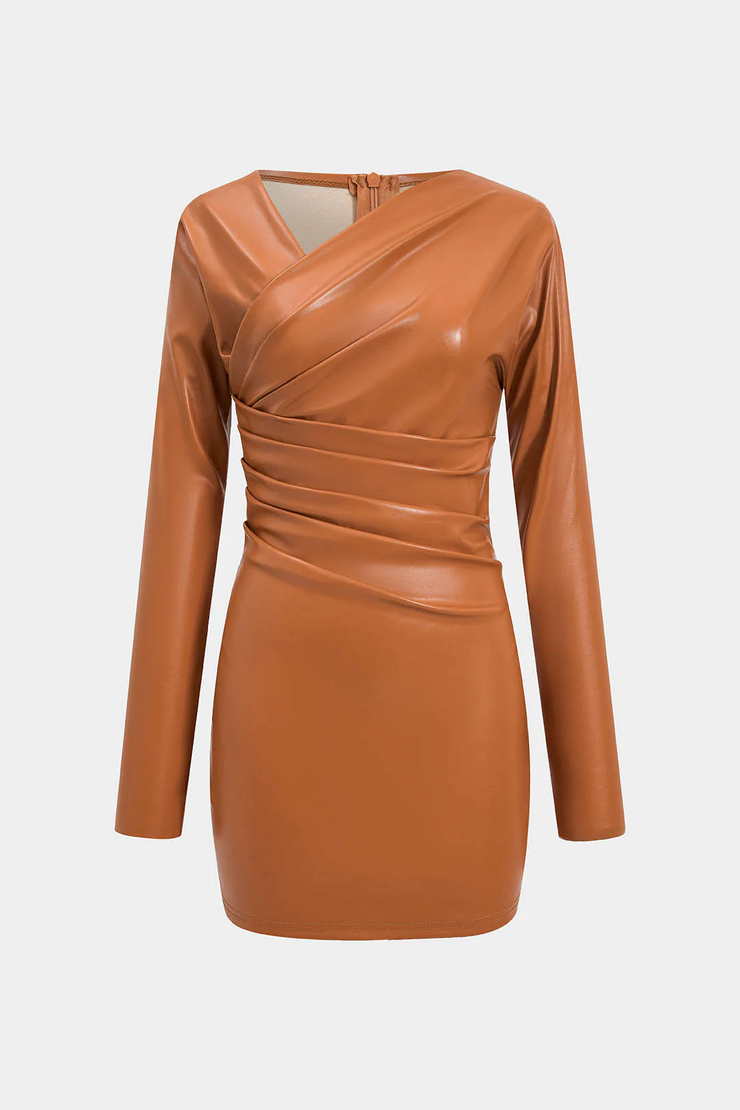 Faux Leather Ruched V-Neck Long-Sleeve Mini Dress