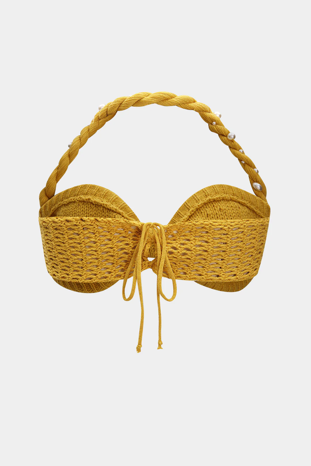 Plus Size Knitted Halter Neck Braided Pearl - Decorated Tie - Up Tank Top