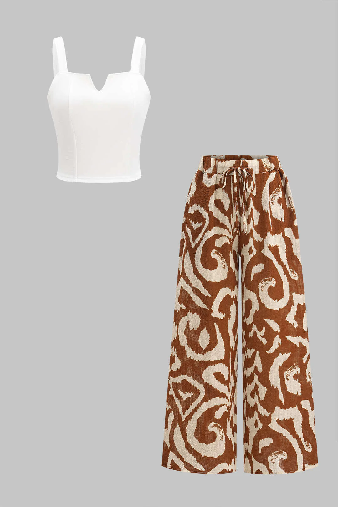 Sleeveless Tank Top and Tropical Pattern Contrast Wide Leg Trousers Set