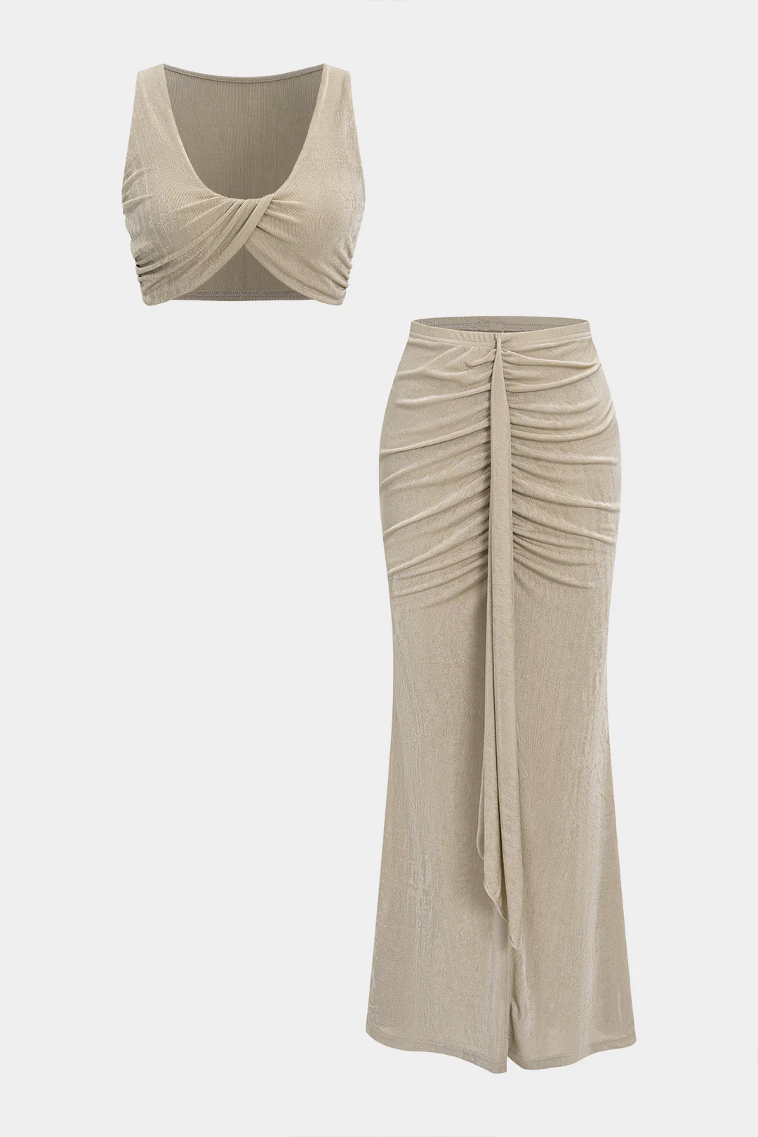 Ruched Twist Knot Tank Top And Ruched Slit Skirt Set