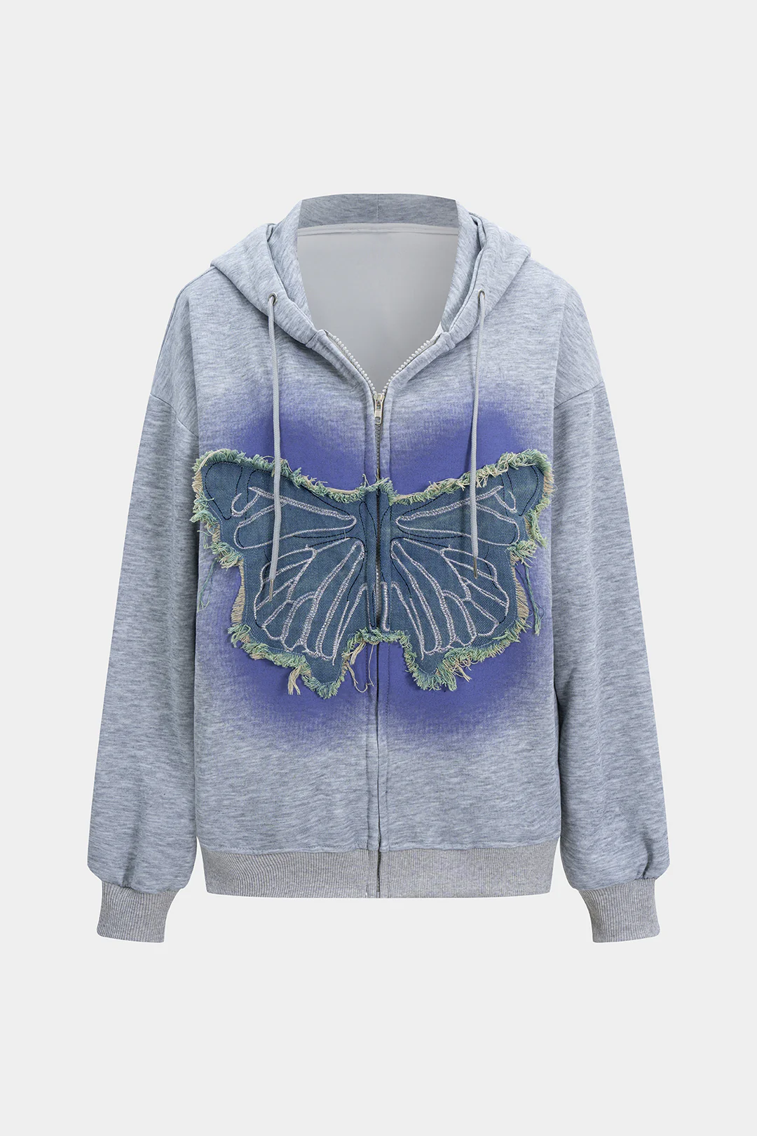 Airbrush Butterfly Pattern Denim Patchwork Zipper Hoodie