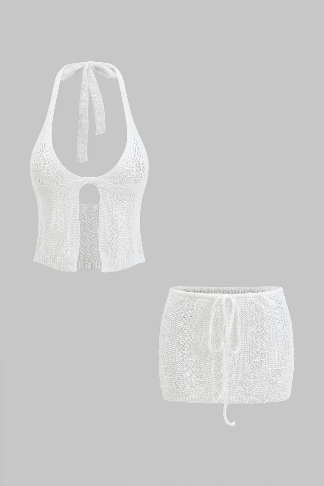 Knit Hollow Out V-Neck Halter Cut Out Tank Top And Tie-Up Skirt Set