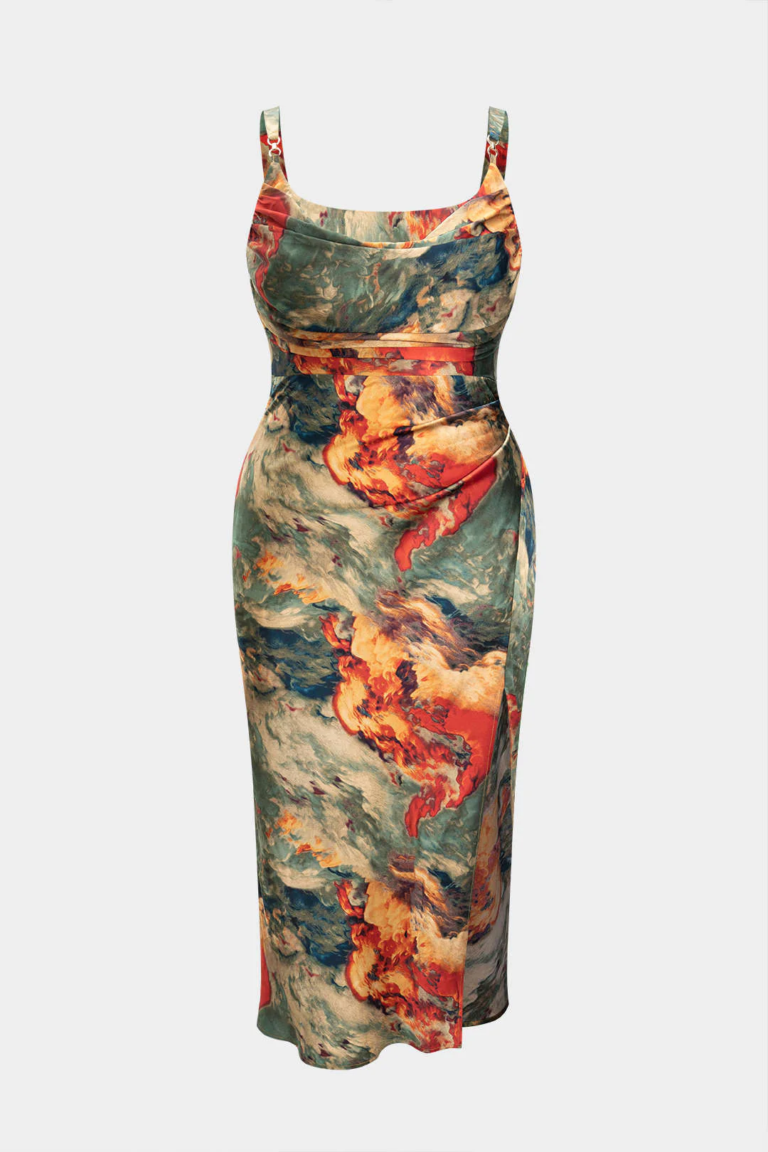 Plus Size Satin Abstract Pattern Draped Cowl Neck Slip Sleeveless Slit Midi Dress