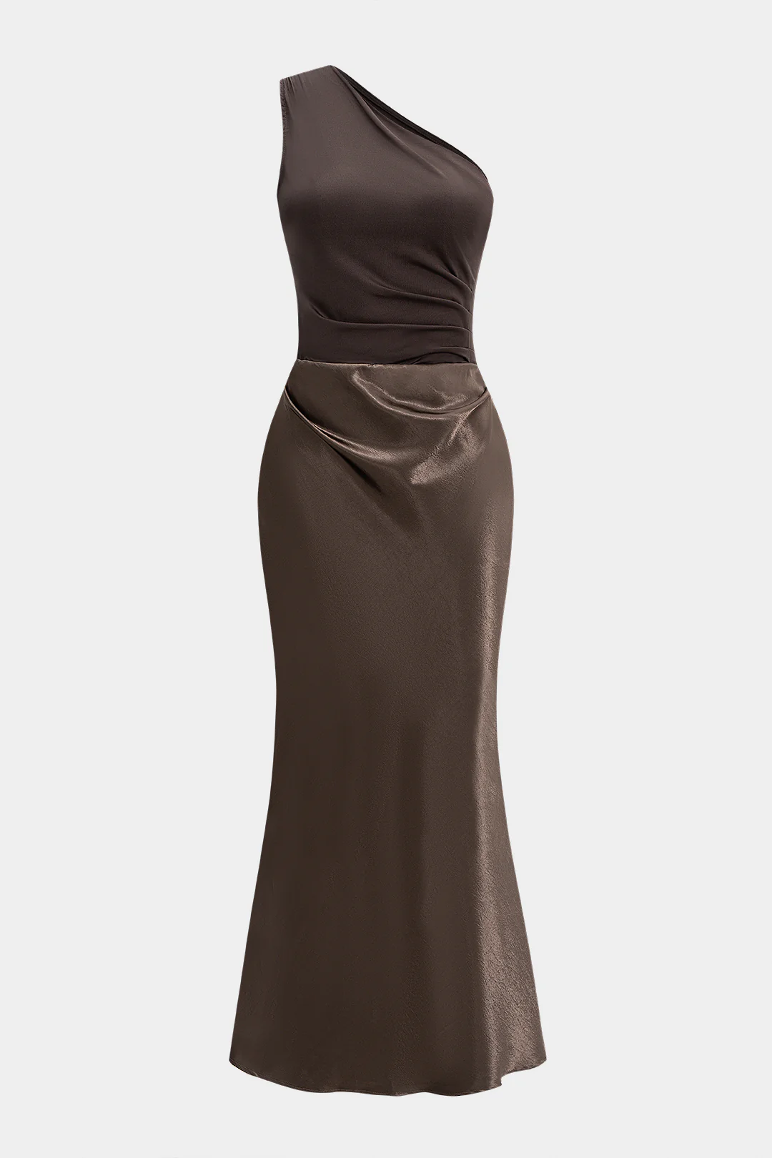 Satin Patchwork One Shoulder Ruched Sleeveless Maxi Dress