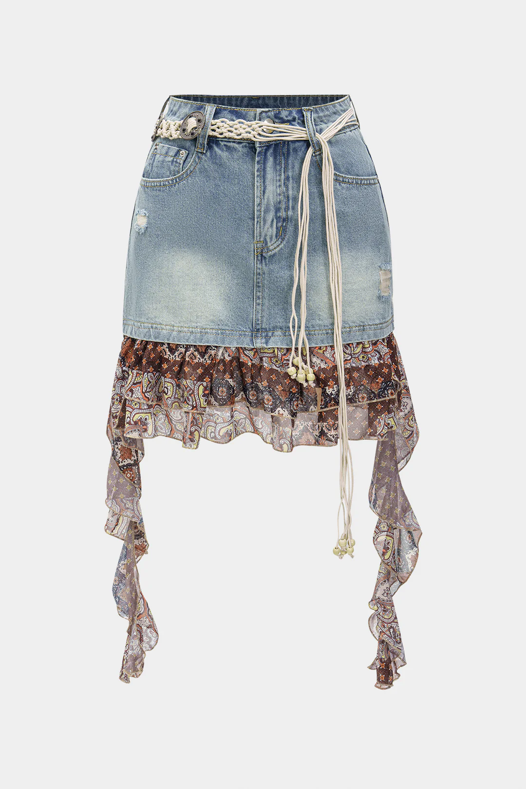 Denim Patchwork High-Waist Skirt