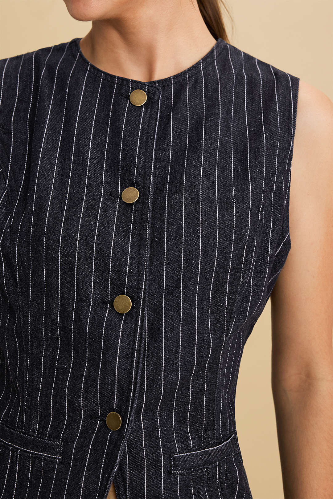 Denim Striped Print Button Tank Top