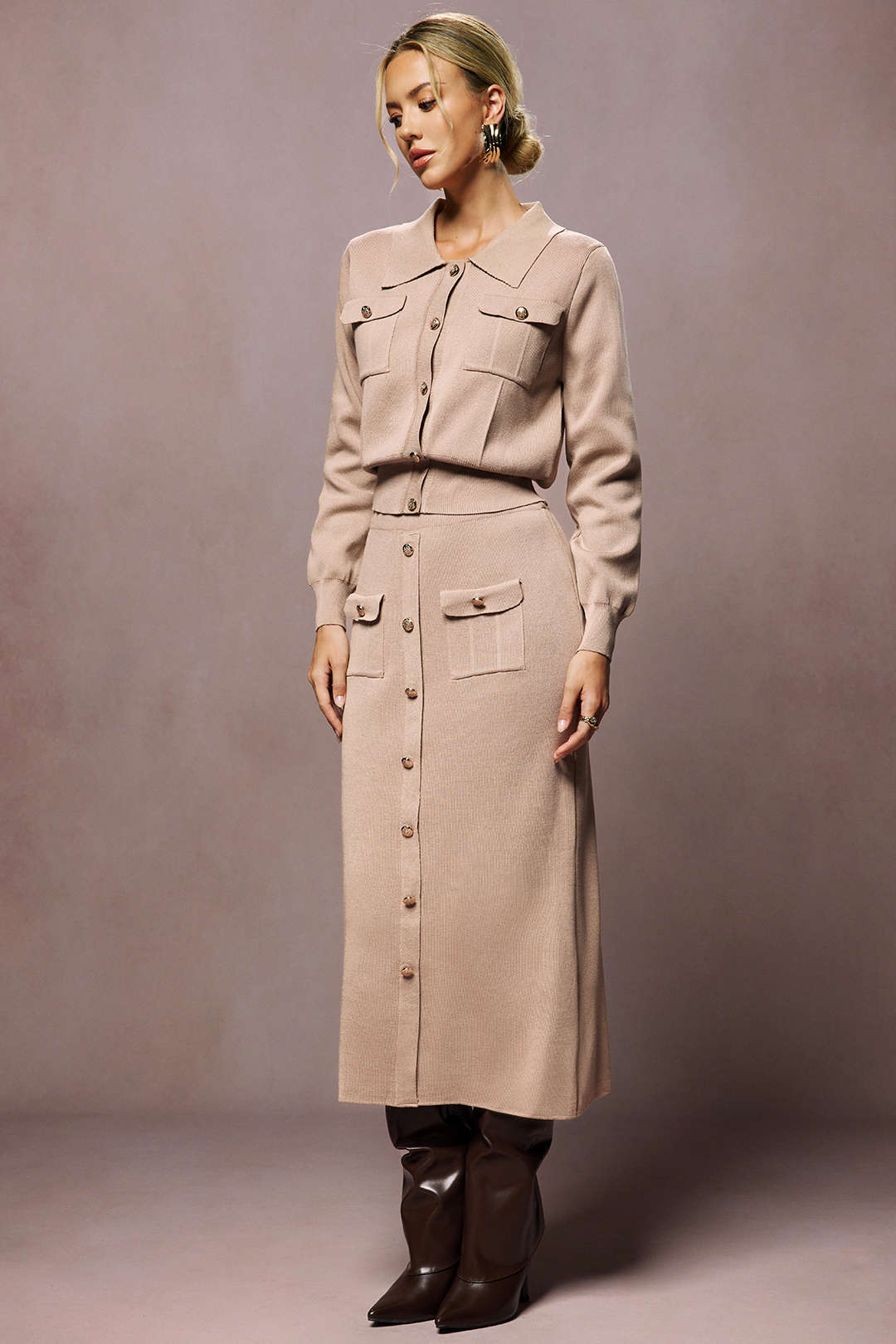 Cropped Button-Up Knit Top and Maxi Skirt Ensemble