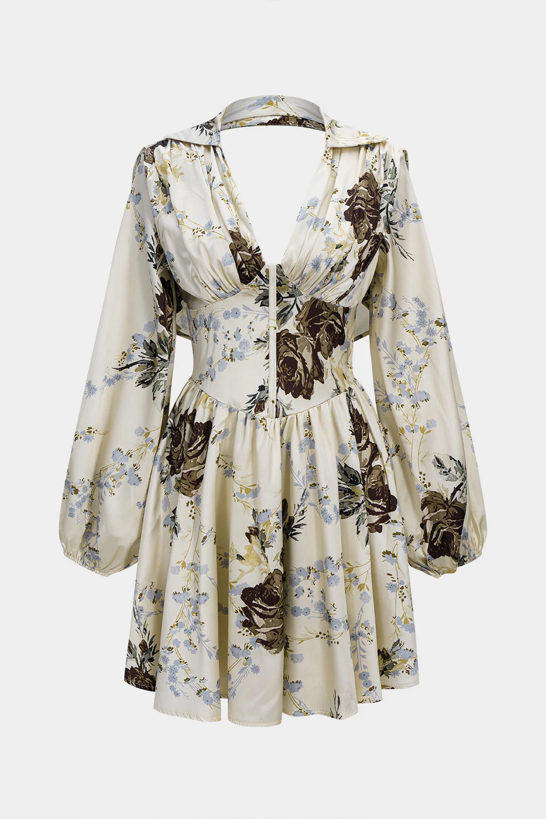 Floral Print Satin Ruched Backless V-Neck Long Sleeve Midi Dress