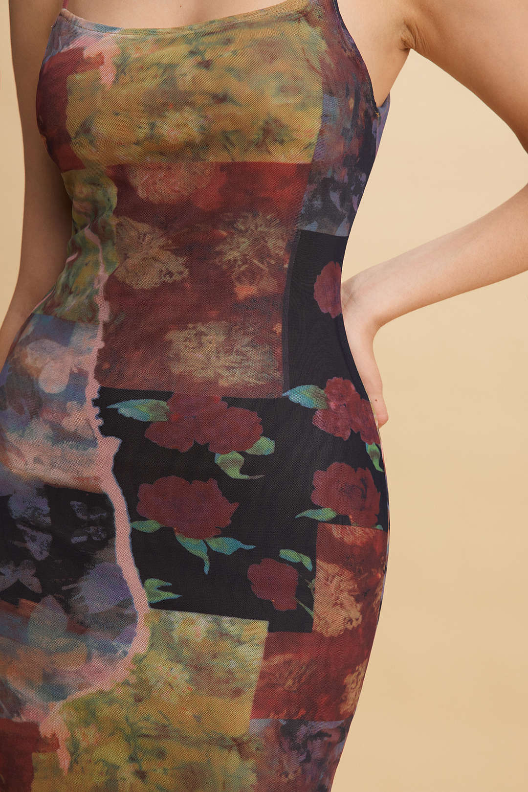 Vintage Floral Print Mesh Sleeveless Midi Slip Dress