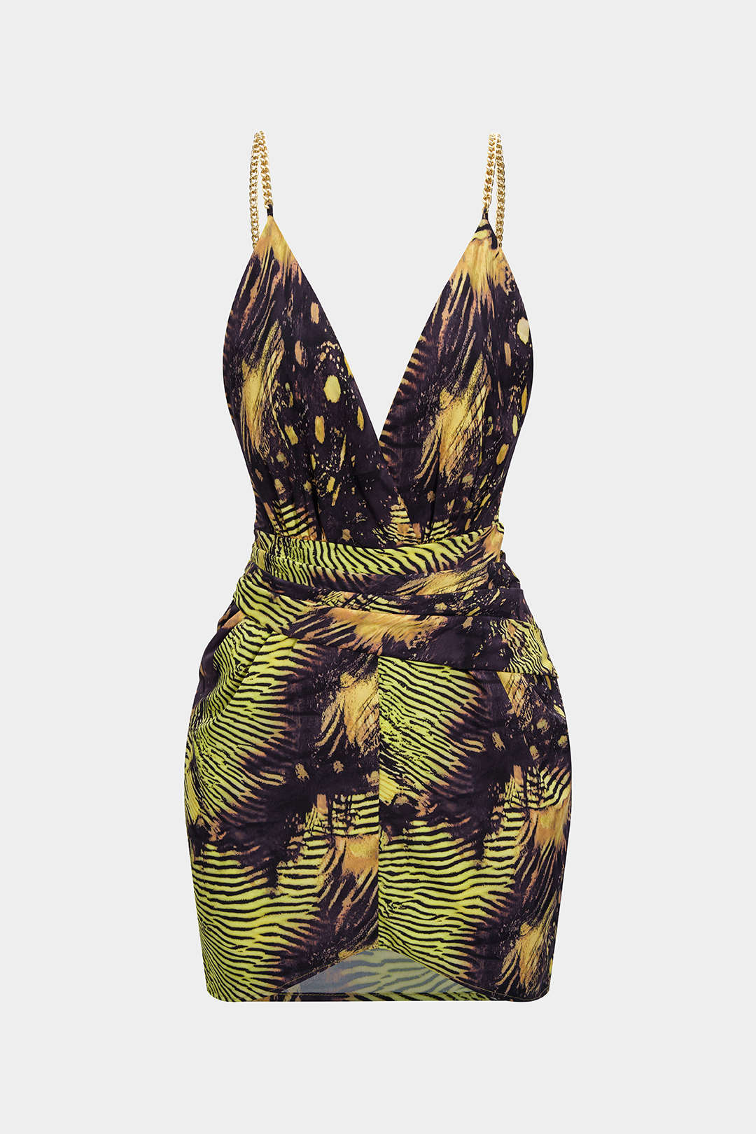 Tropical Print Metallic Chain Asymmetrical Sleeveless Mini Dress