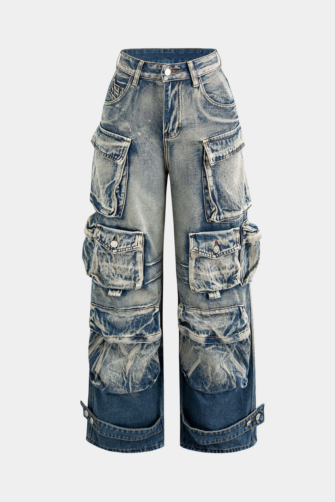Ombre Multi-Pocket Wide-Leg Cargo Denim Trousers