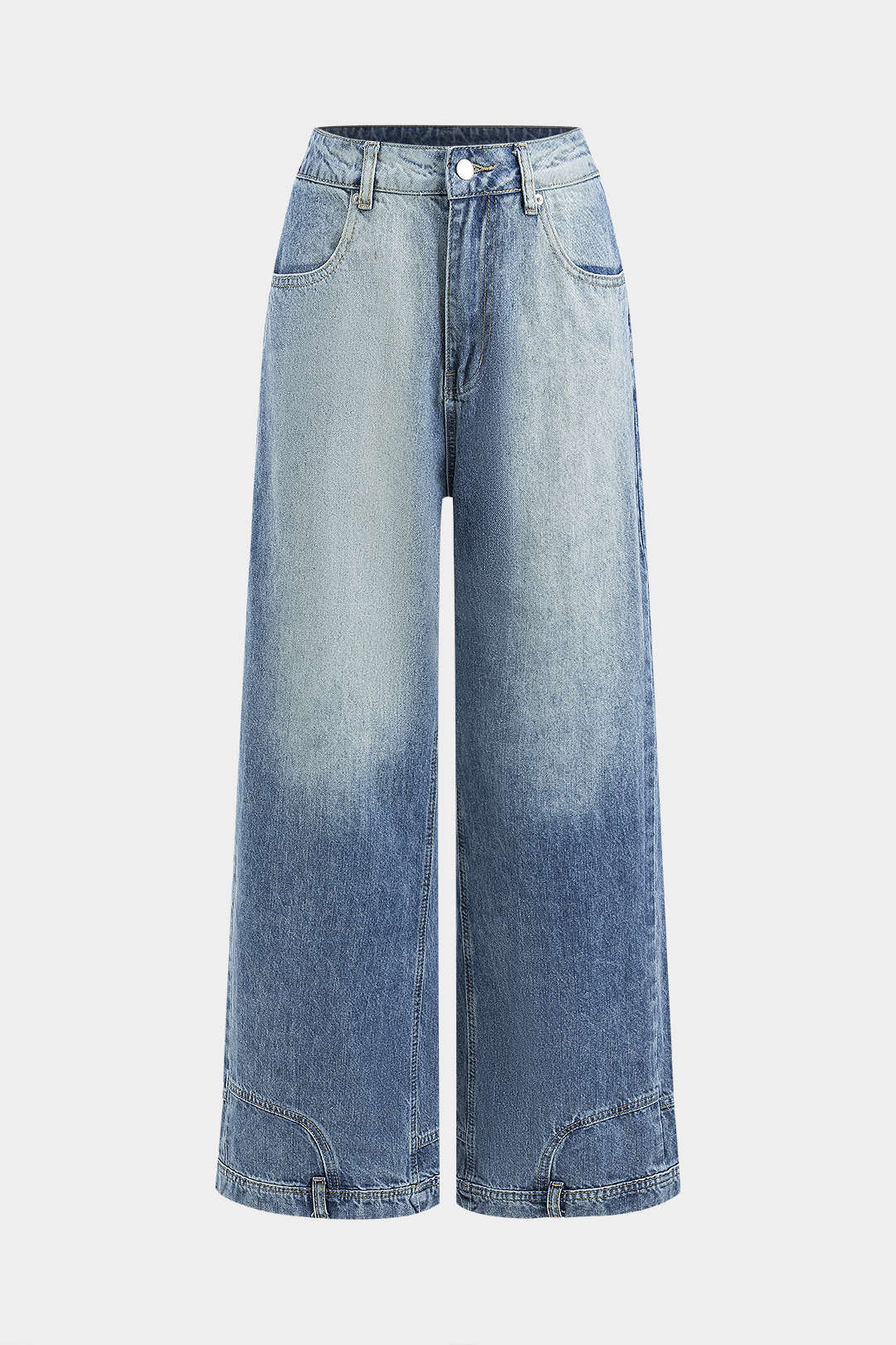 Washed Button Wide Leg Denim Jeans