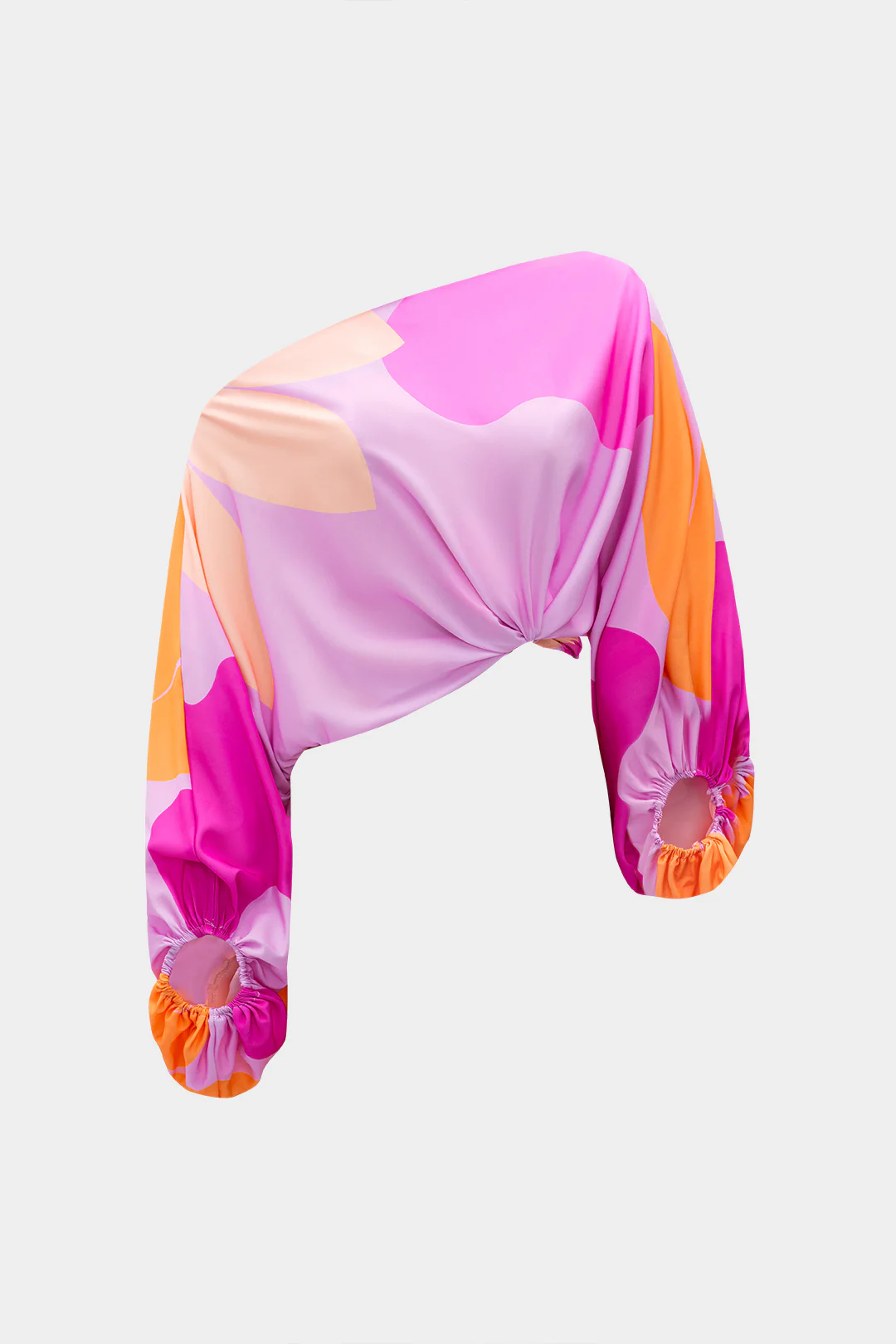 Abstract Print Ruched Asymmetric One-Shoulder Long Sleeve Top and Fringe Skirt Set