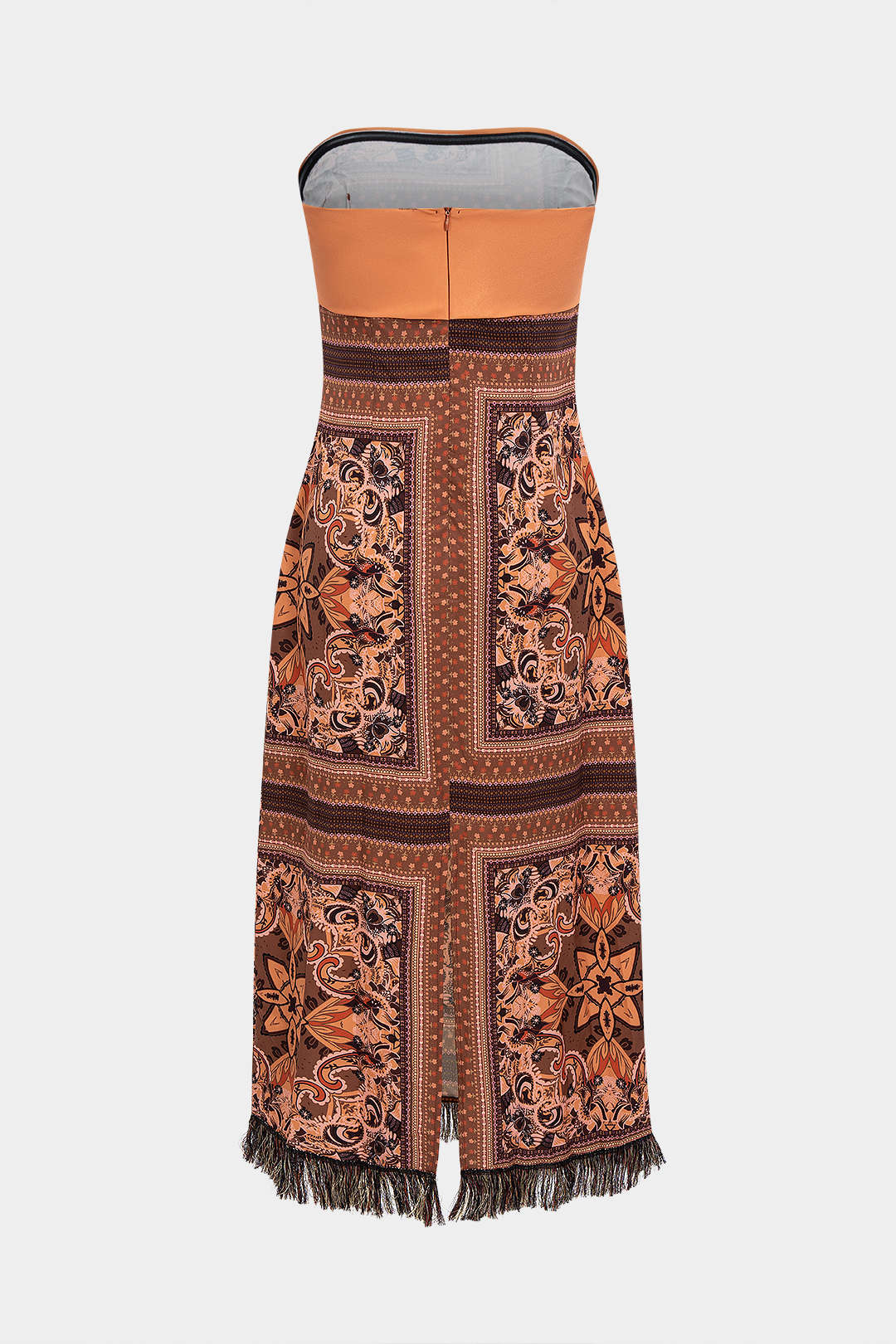 Bohemian Print Satin Fringe Trim Strapless Sleeveless Mid-length Dress