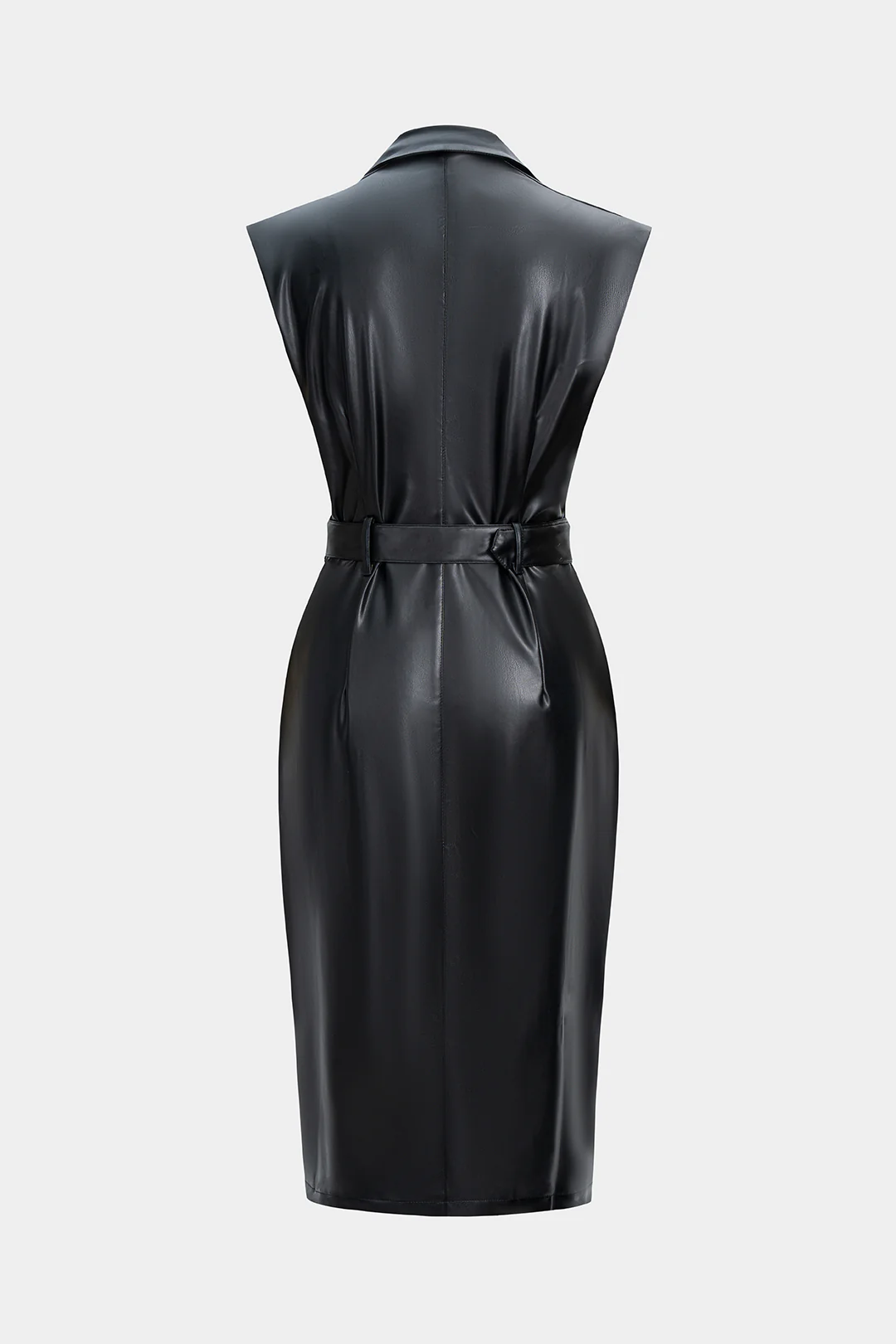 Faux Leather Button-Belted Sleeveless Mid-Length Dress