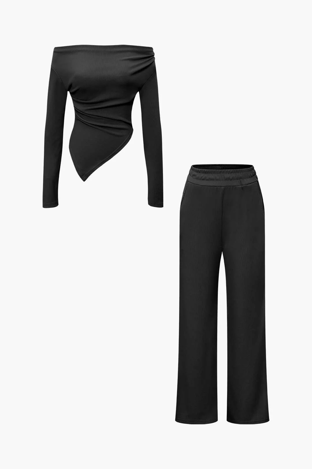 Off-the-Shoulder Ruched Asymmetric Top and Straight-Leg Pants Set