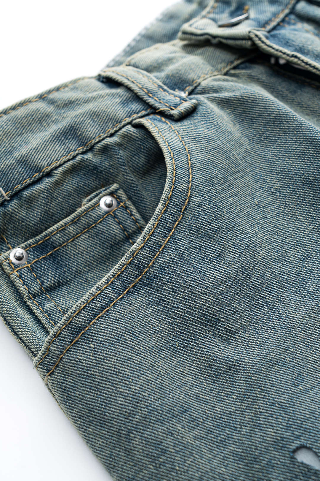 Patchwork Mesh Button Pocket Cut Out Wide Leg Denim Jeans