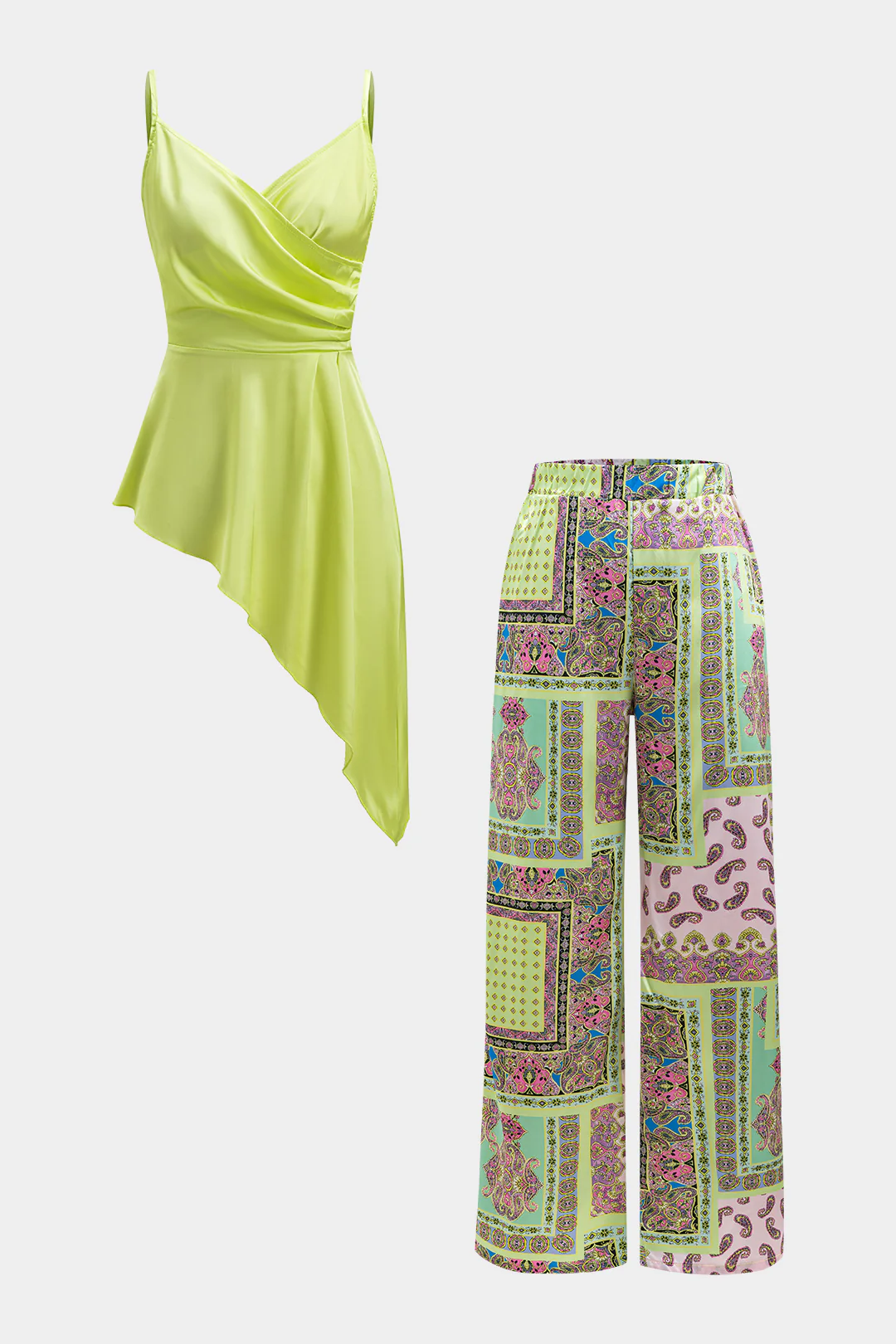 Satin Ruched Slip Mini Dress and Paisley Print Wide Leg Trousers Ensemble