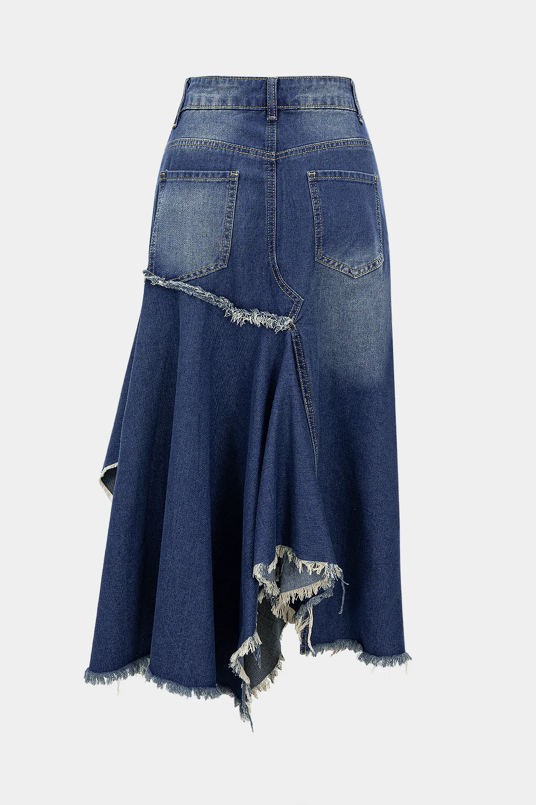 Denim Patchwork Asymmetrical Ruched Frayed Skirt