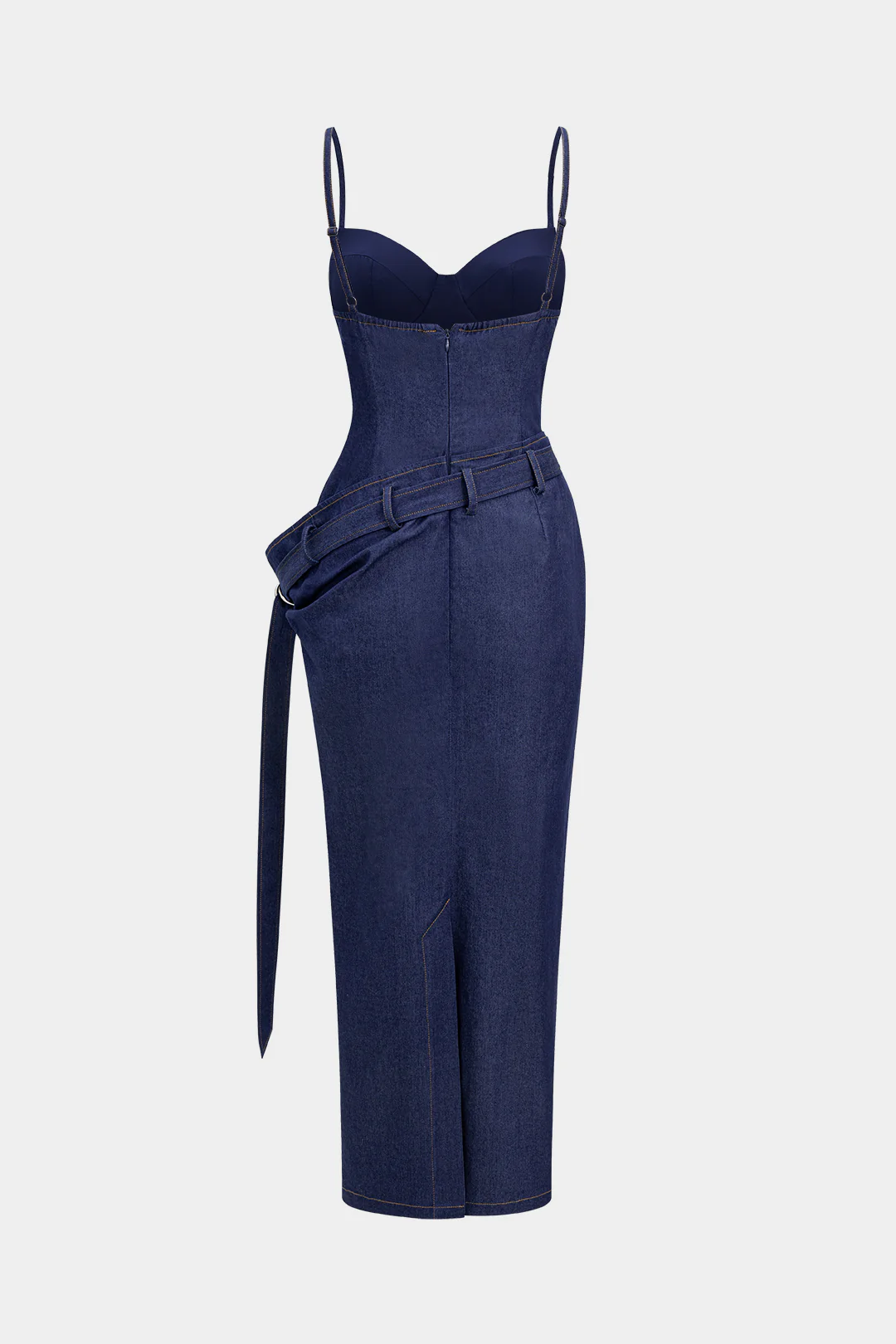 Denim Asymmetrical Ruched Bustier Belted Zipper Long Dress