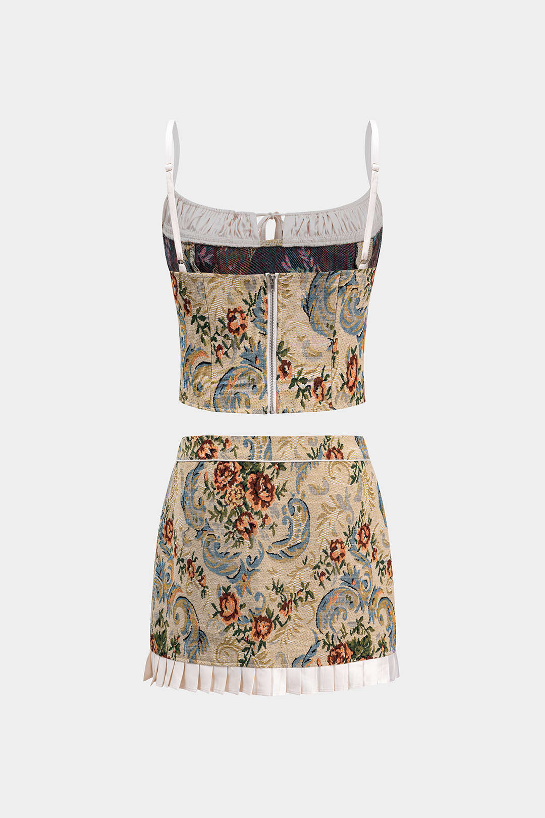 Satin Jacquard Ruched Patchwork Tie-Front Zipper Slip Top and Skirt Set