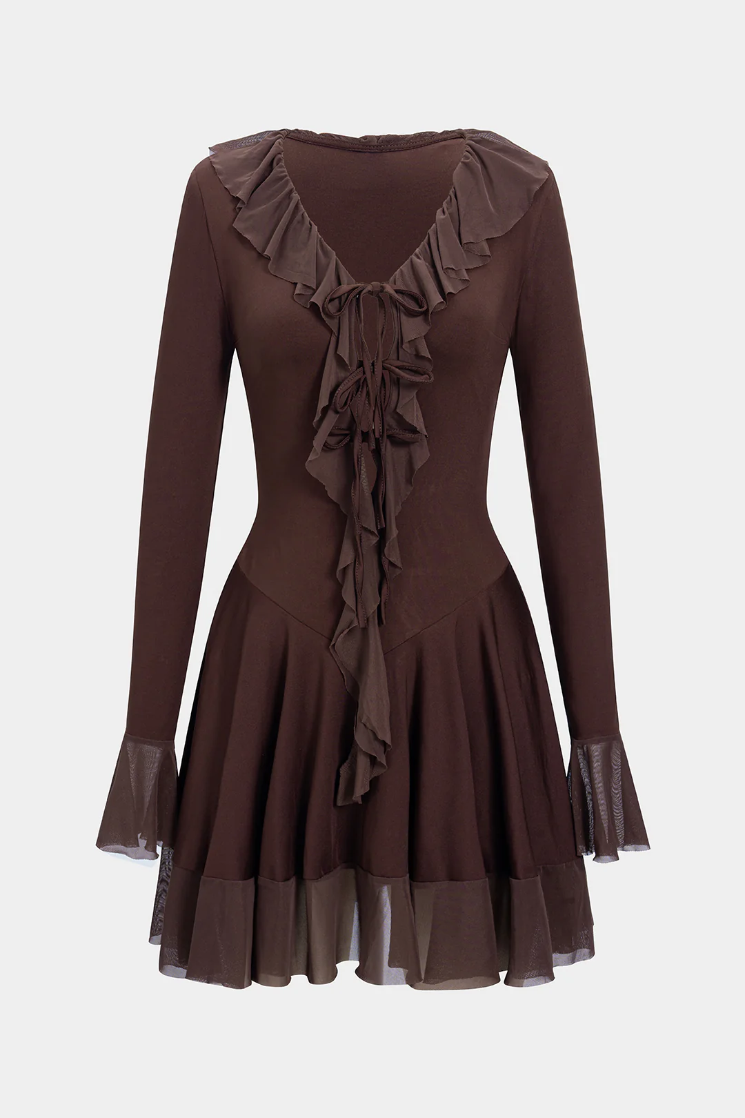 Mesh Bell Sleeve Patchwork V-Neck Long Sleeve Mini Dress