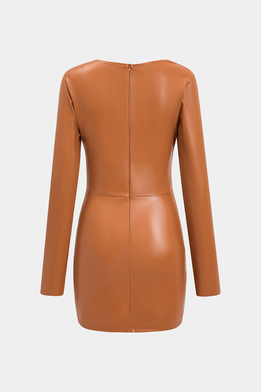 Faux Leather Ruched V-Neck Long-Sleeve Mini Dress