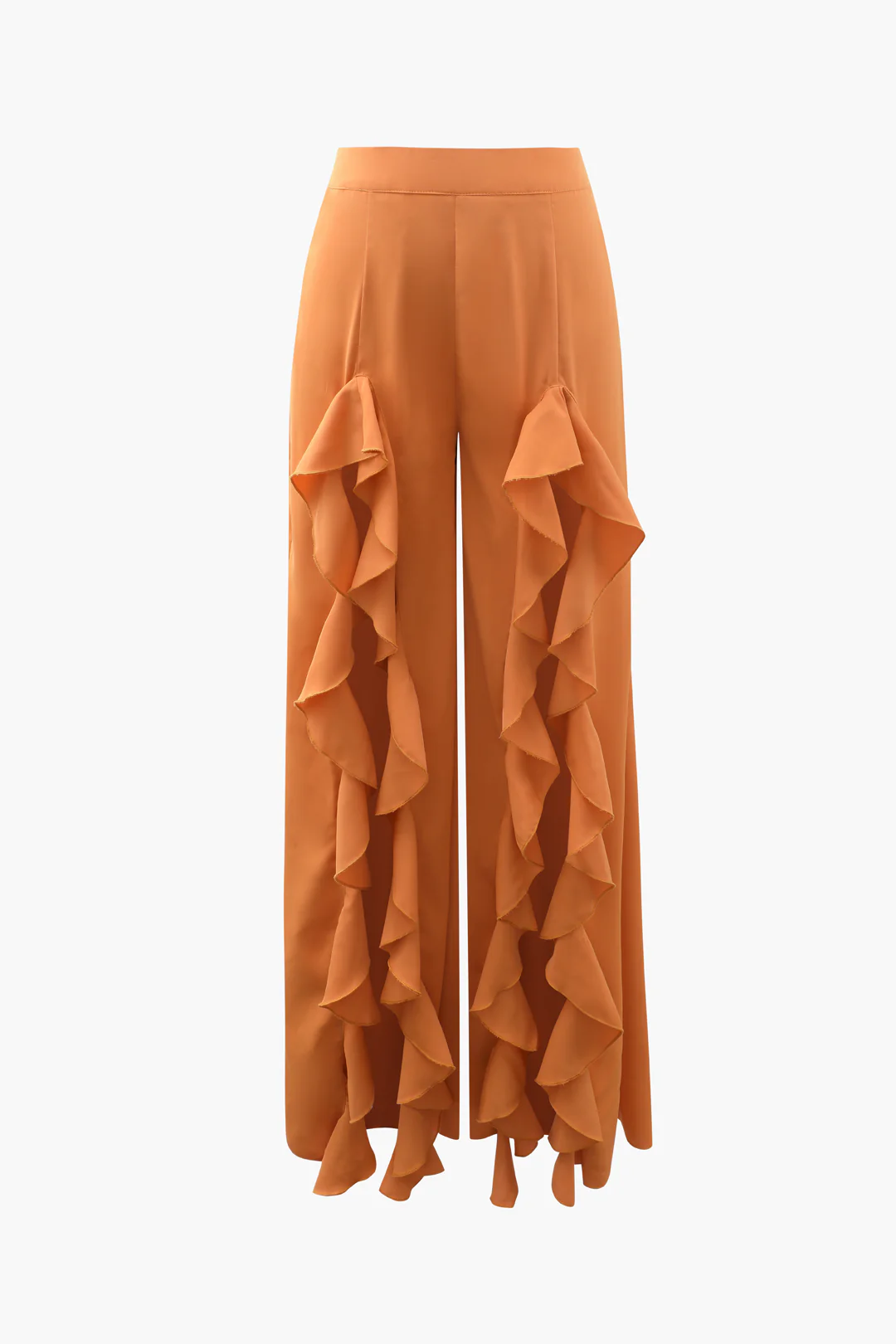 Ruffled Trim Split Wide-Leg Trousers