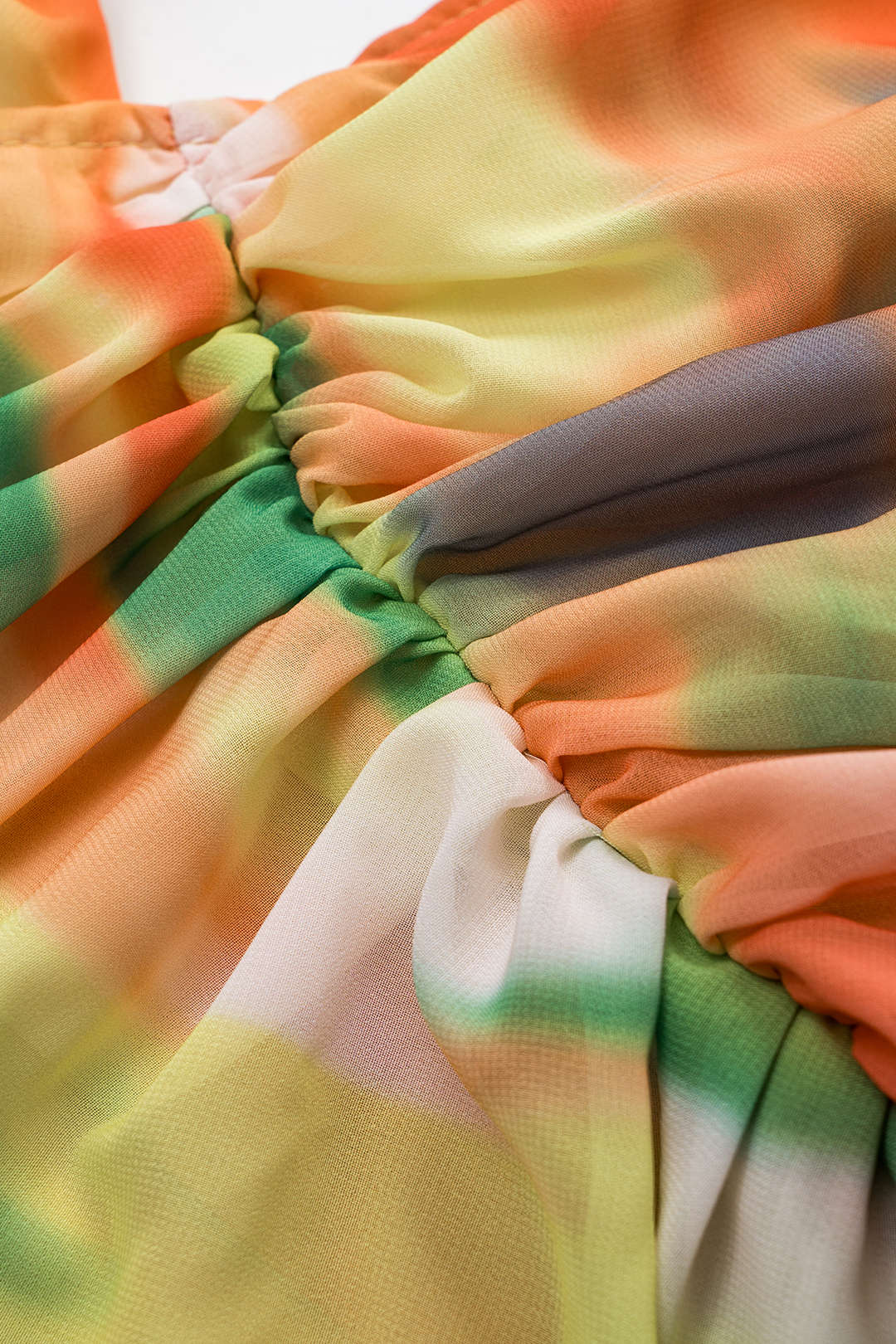 Ombre Print Chiffon Ruched Cut Out Tie Back Backless Slip Maxi Dress